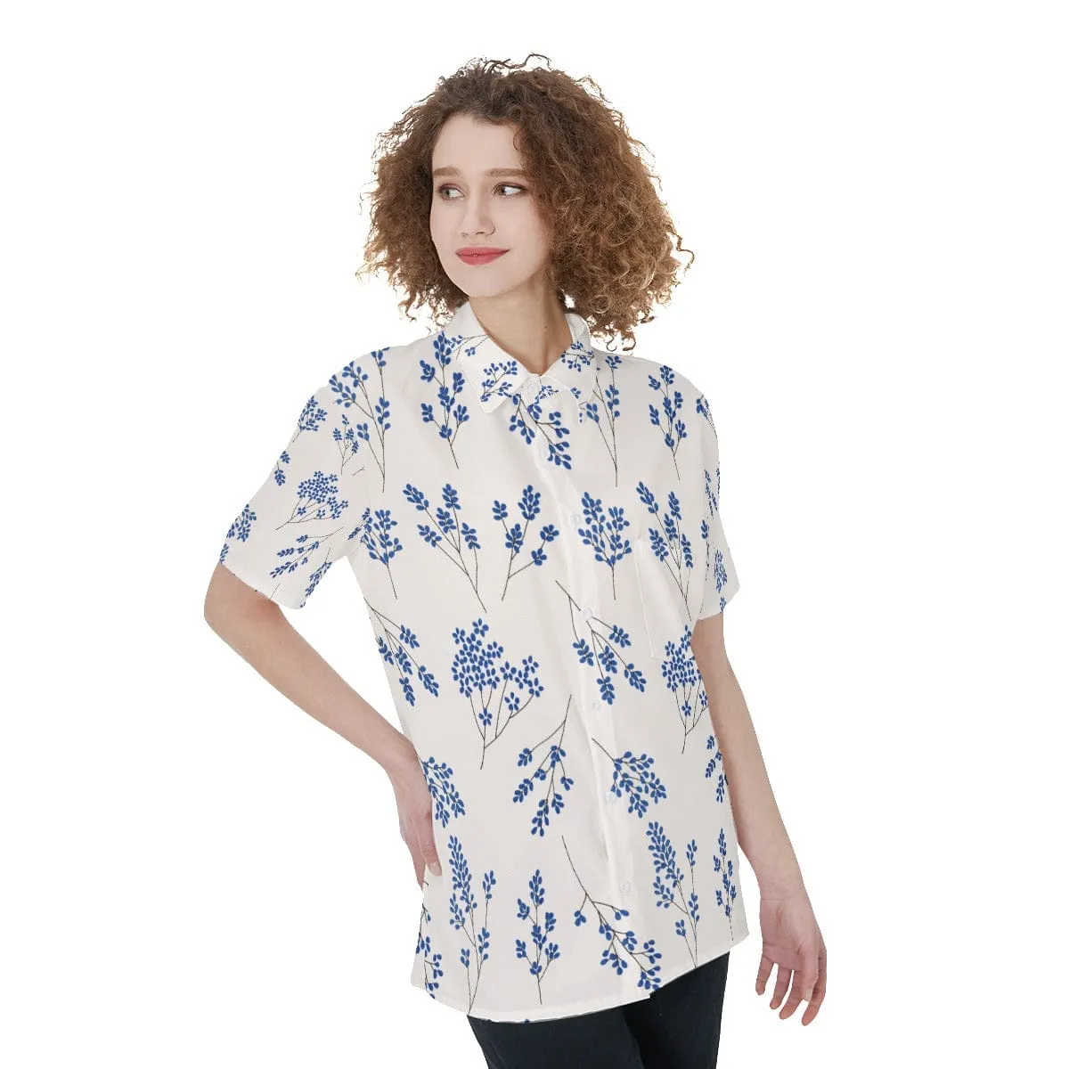 Ecru Blue Floral - Women's Short Sleeve Shirt With Pocket