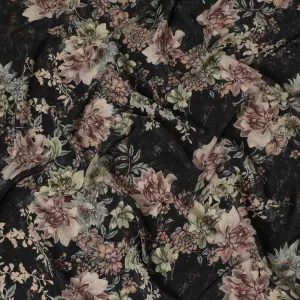 Elegant Black Synthetic Crepe Fabric with Vintage Floral Print, 110 cm Wide-D19135