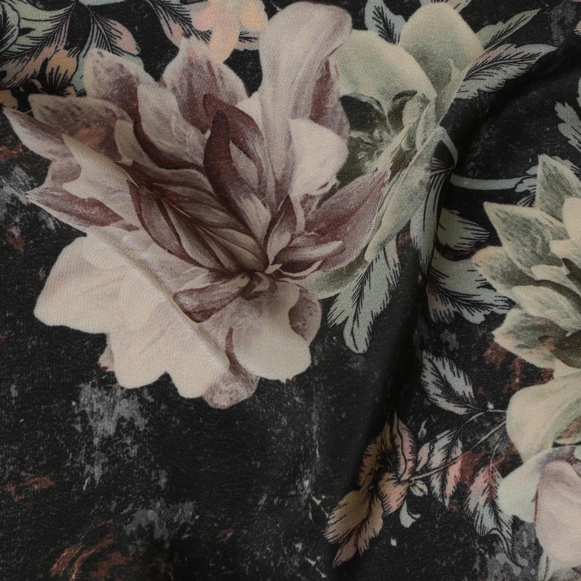 Elegant Black Synthetic Crepe Fabric with Vintage Floral Print, 110 cm Wide-D19135