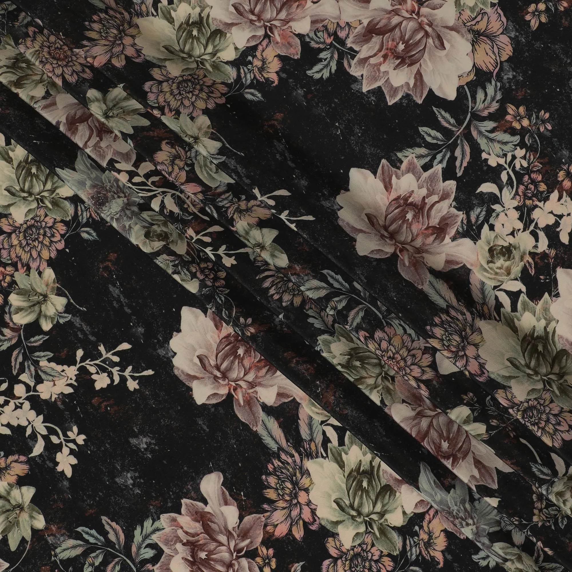 Elegant Black Synthetic Crepe Fabric with Vintage Floral Print, 110 cm Wide-D19135