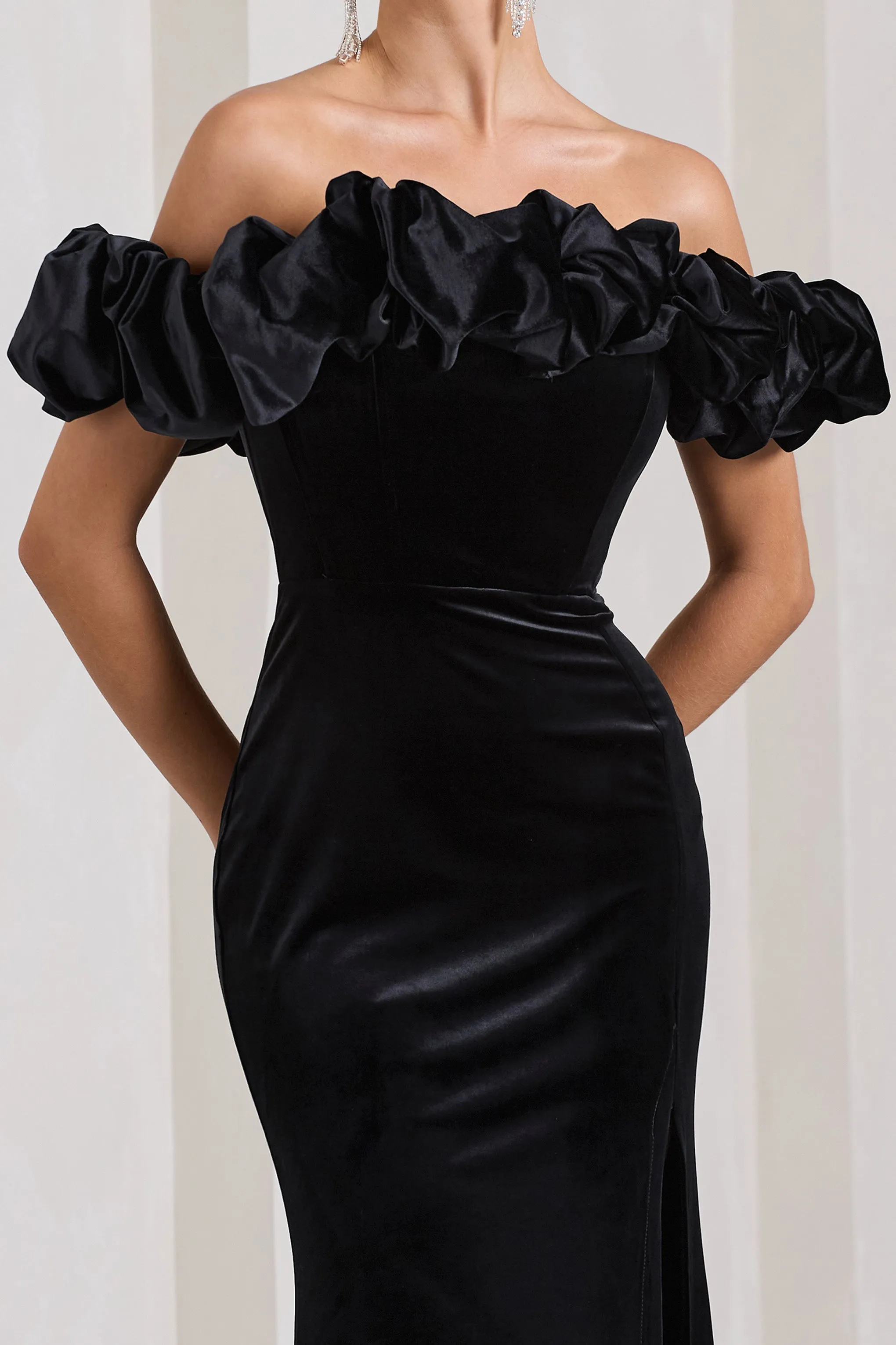 Esmeralda | Black Velvet Structured Ruffled Bardot Maxi Dress