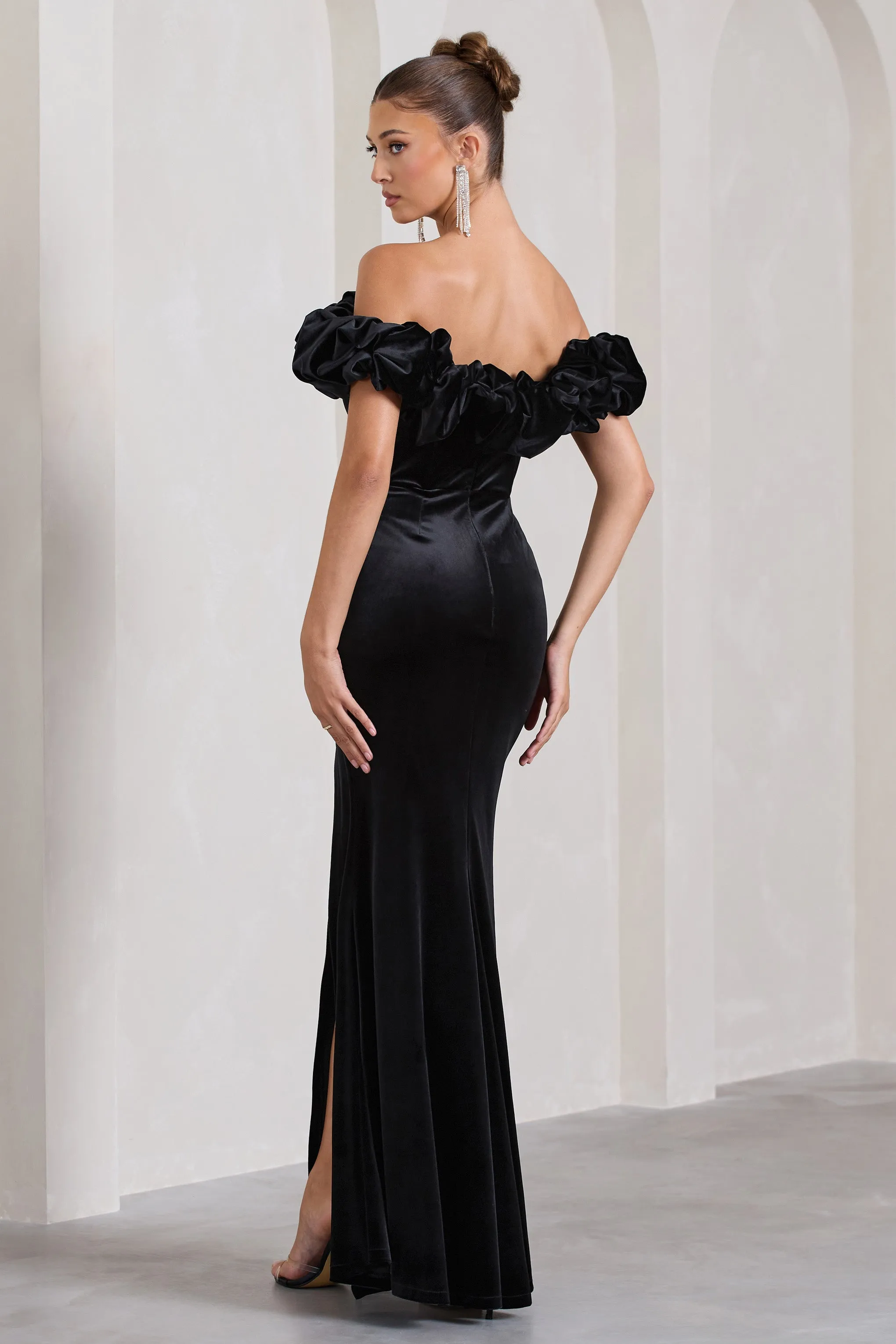 Esmeralda | Black Velvet Structured Ruffled Bardot Maxi Dress