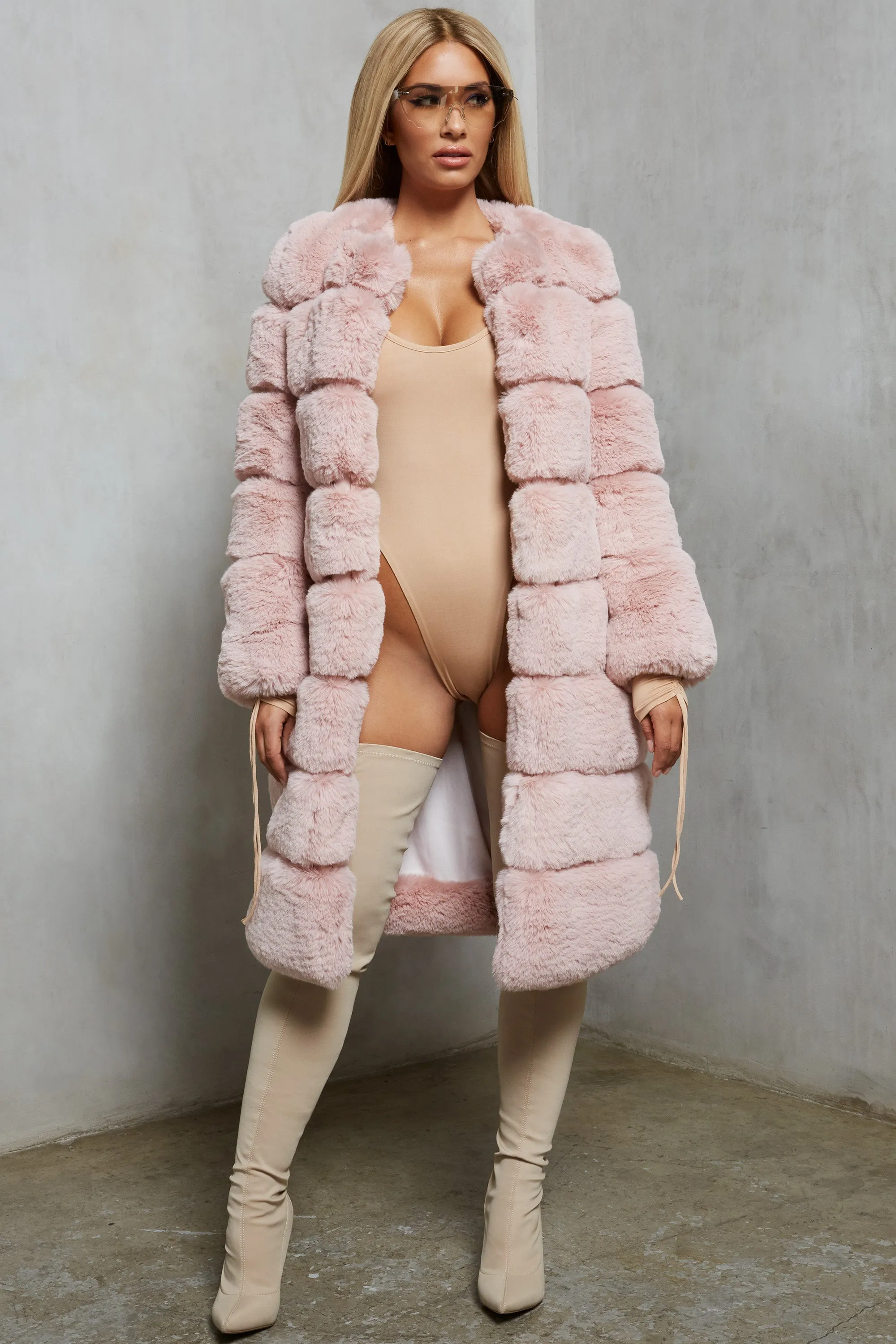 Executive Longline Panel Faux Fur Coat in Blush