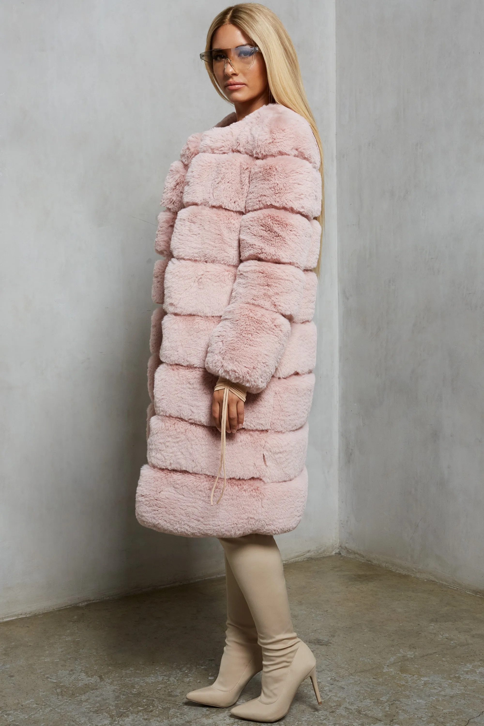 Executive Longline Panel Faux Fur Coat in Blush