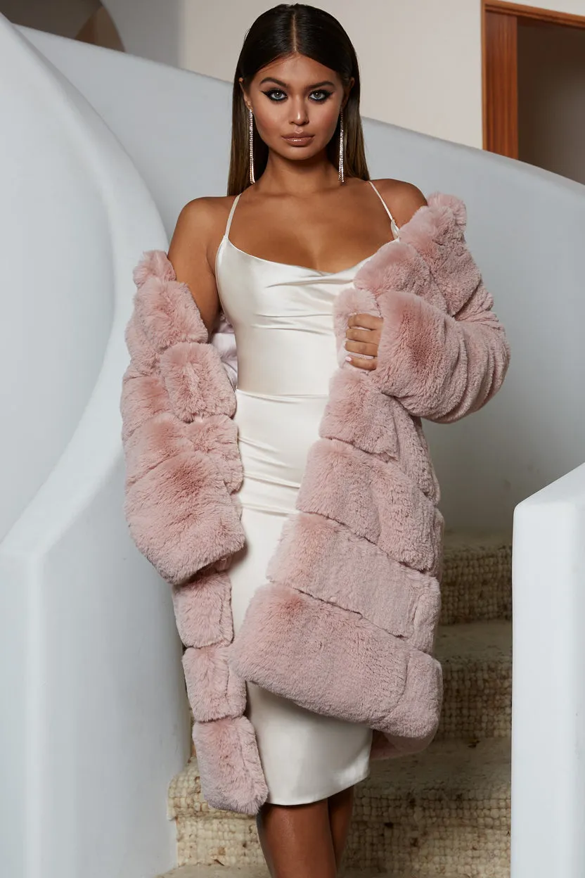 Executive Longline Panel Faux Fur Coat in Blush