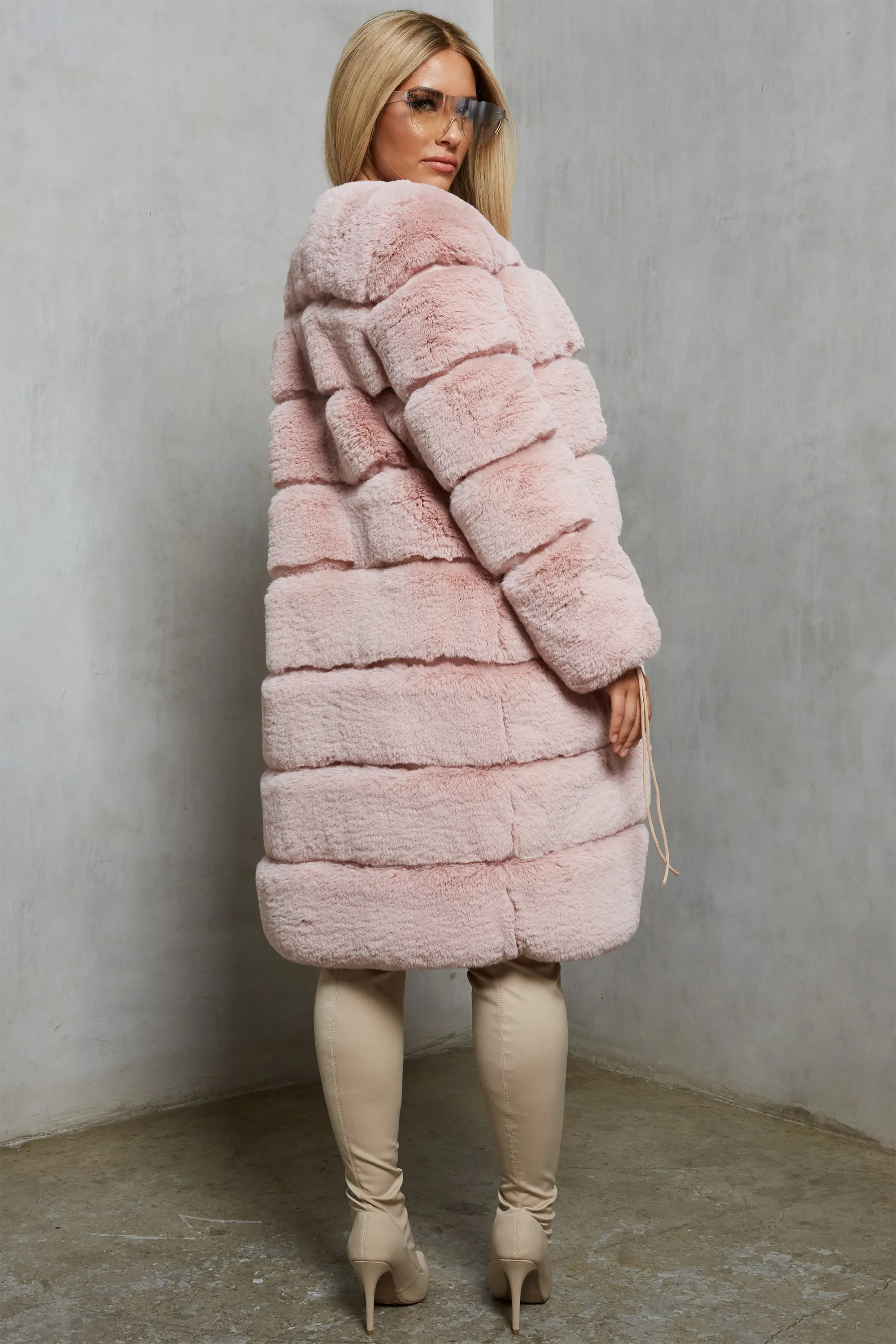 Executive Longline Panel Faux Fur Coat in Blush