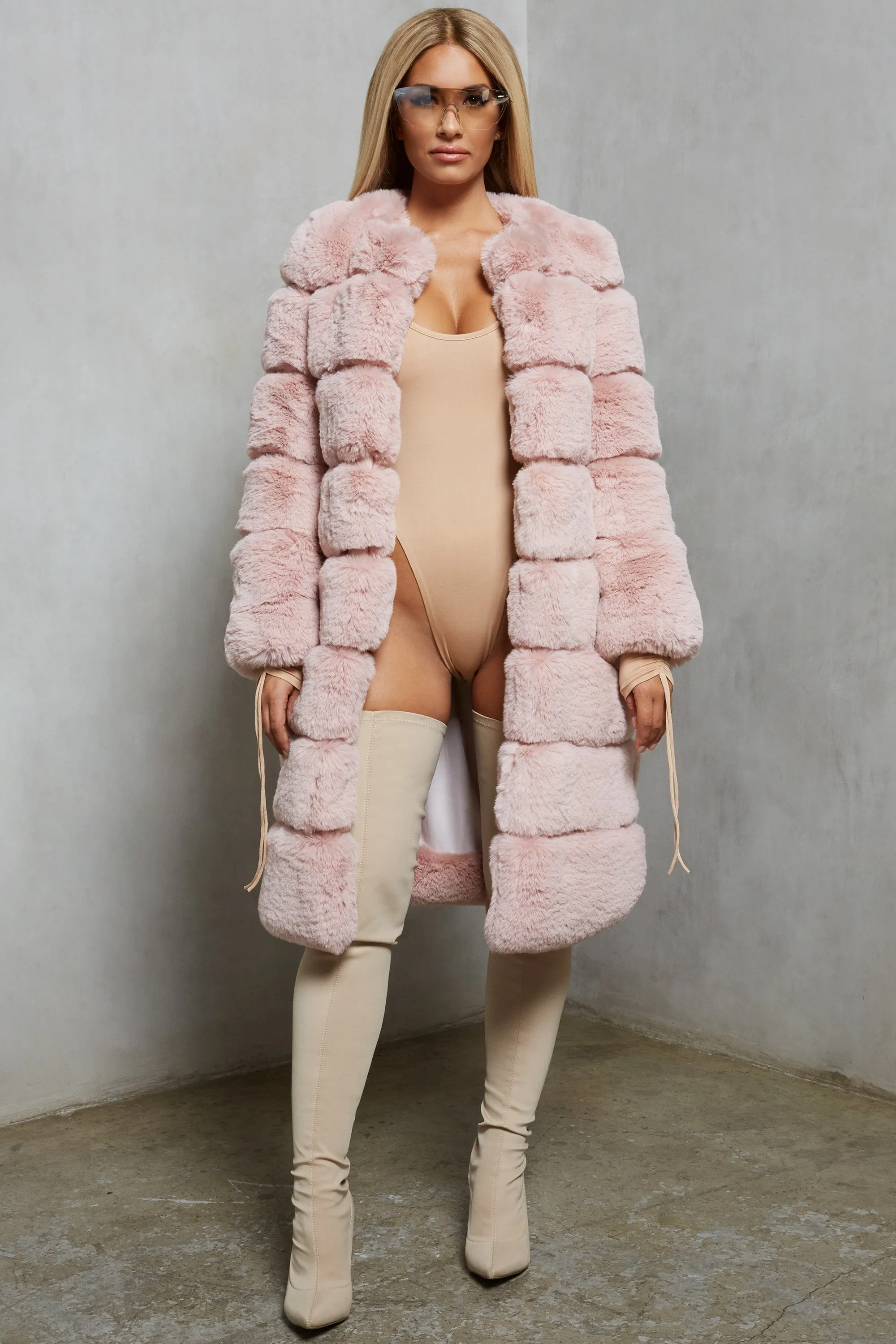 Executive Longline Panel Faux Fur Coat in Blush