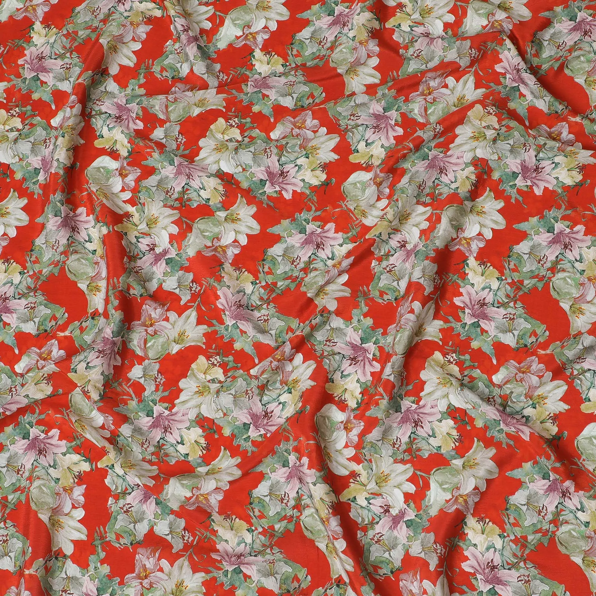 Fiesta Red Floral Viscose Crepe Fabric - 110cm Wide - Vibrant & Versatile - Buy Online-D18224