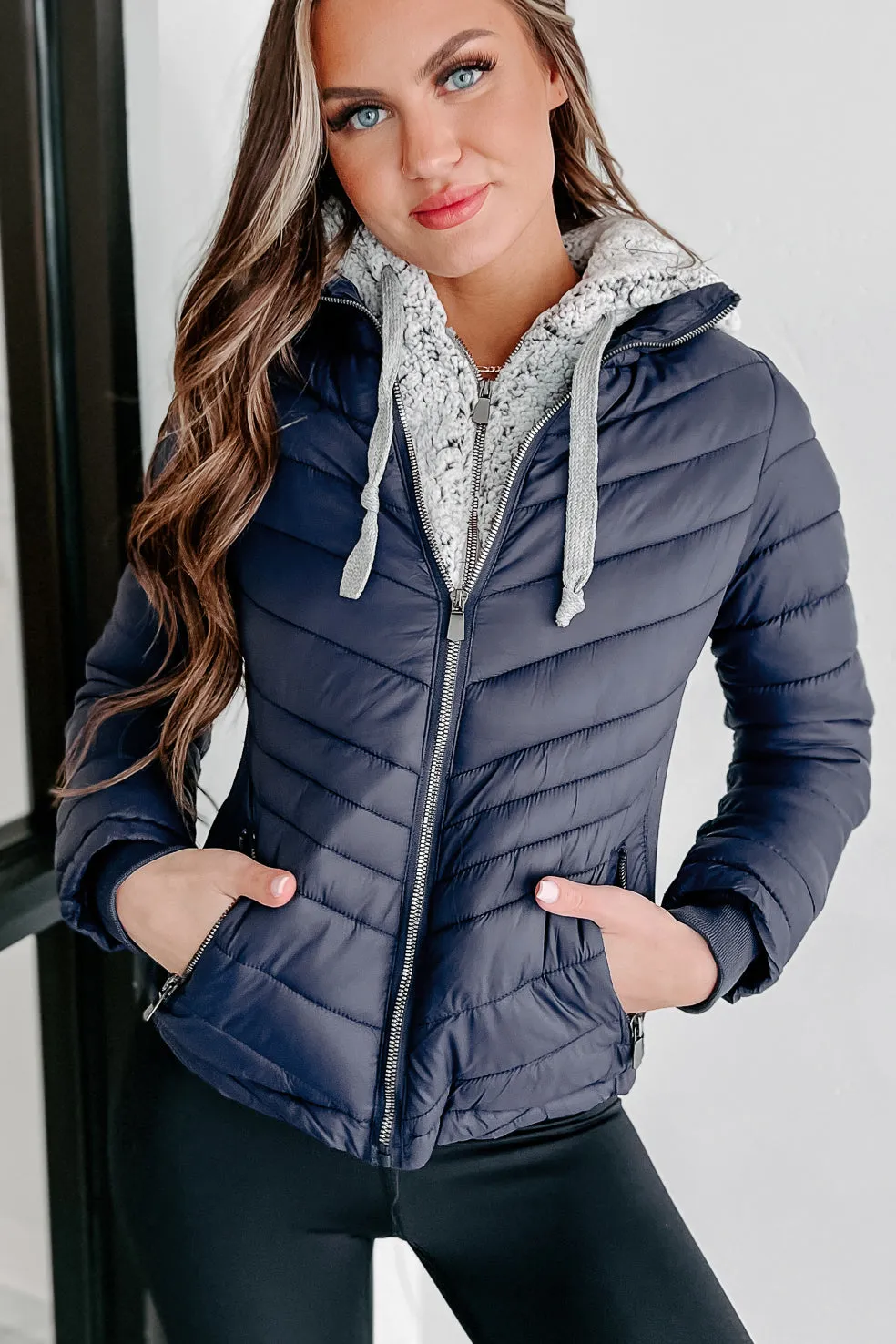 Frost Bitten Puffer Jacket With Removable Sherpa Hood (Navy)