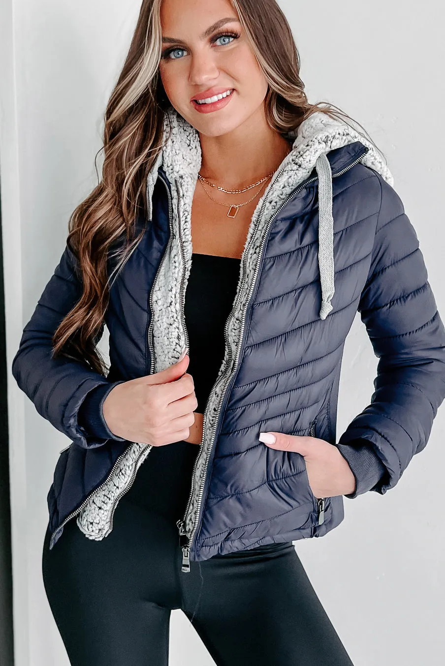 Frost Bitten Puffer Jacket With Removable Sherpa Hood (Navy)