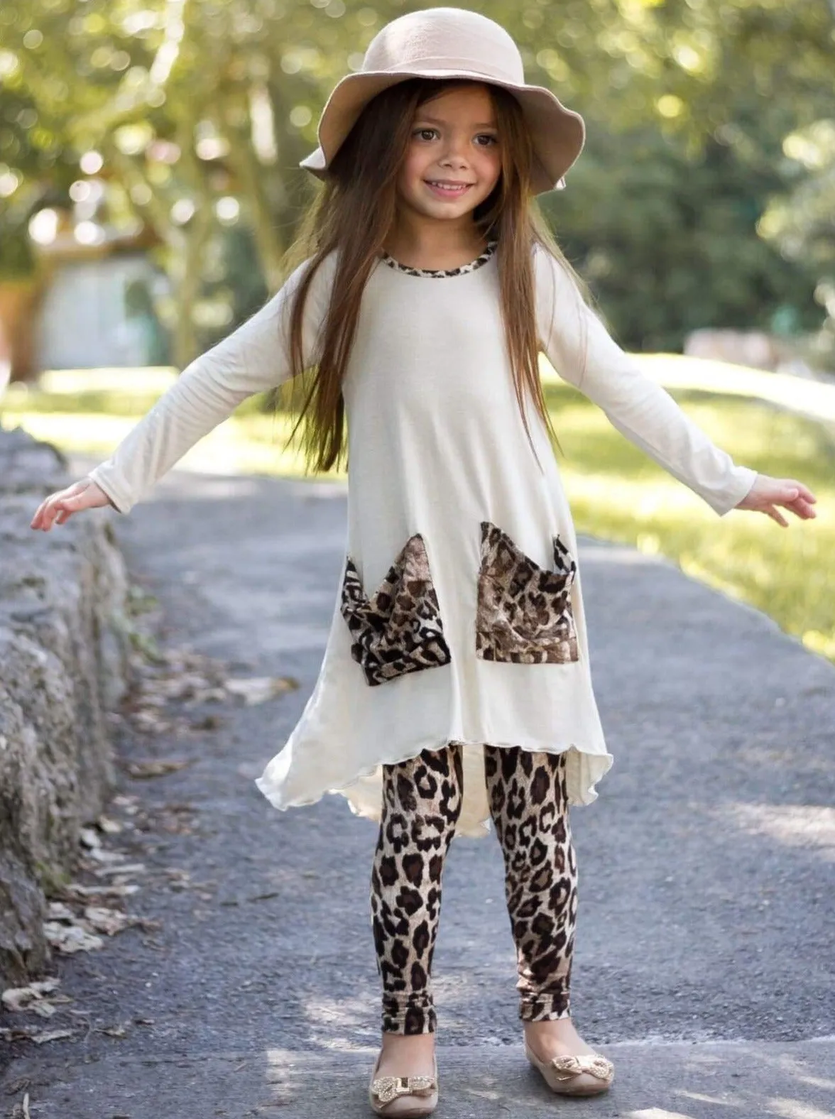 Girls Hi-lo Long Sleeve Tunic with Slouchy Pockets And Matching Legging Set