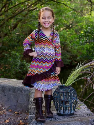 Girls Long Sleeve Multi Colored Chevron Print Ruffled Wrap Dress