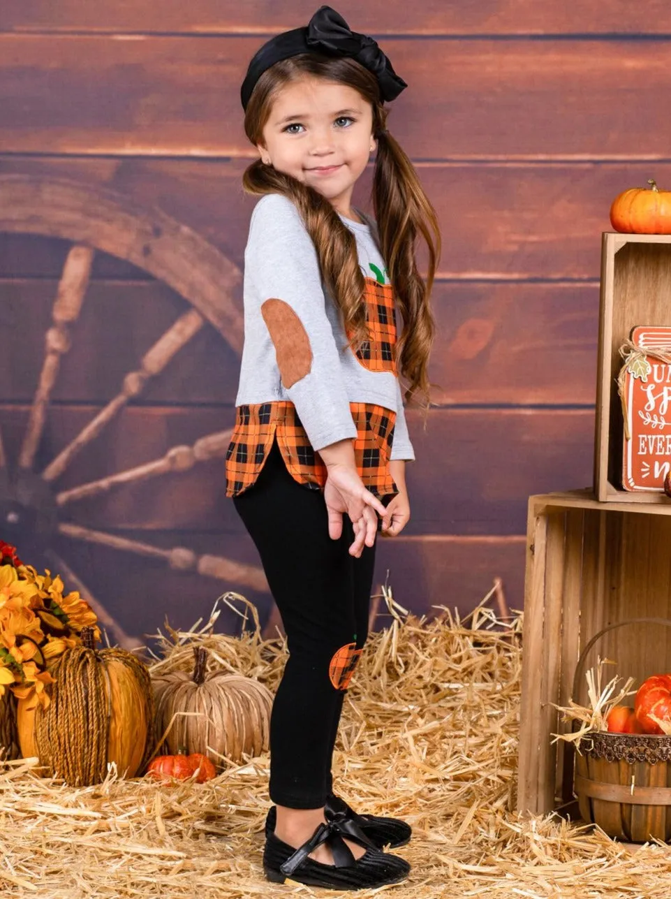 Girls Plaid Pumpkin Elbow Patch Tunic And Knee Patch Legging Set