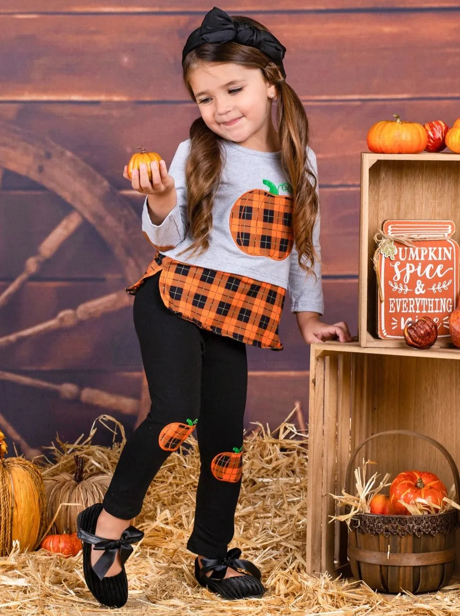 Girls Plaid Pumpkin Elbow Patch Tunic And Knee Patch Legging Set