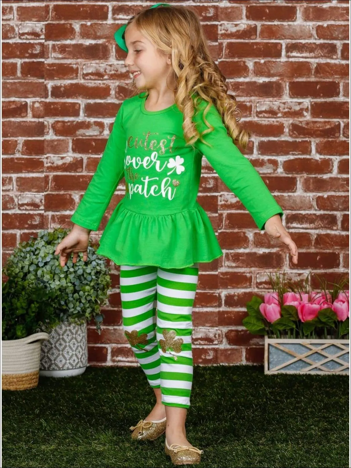 Girls "Cutest Clover in the Patch" Long Sleeve Ruffled Tunic & Striped Sequin Clover Patch Leggings Set