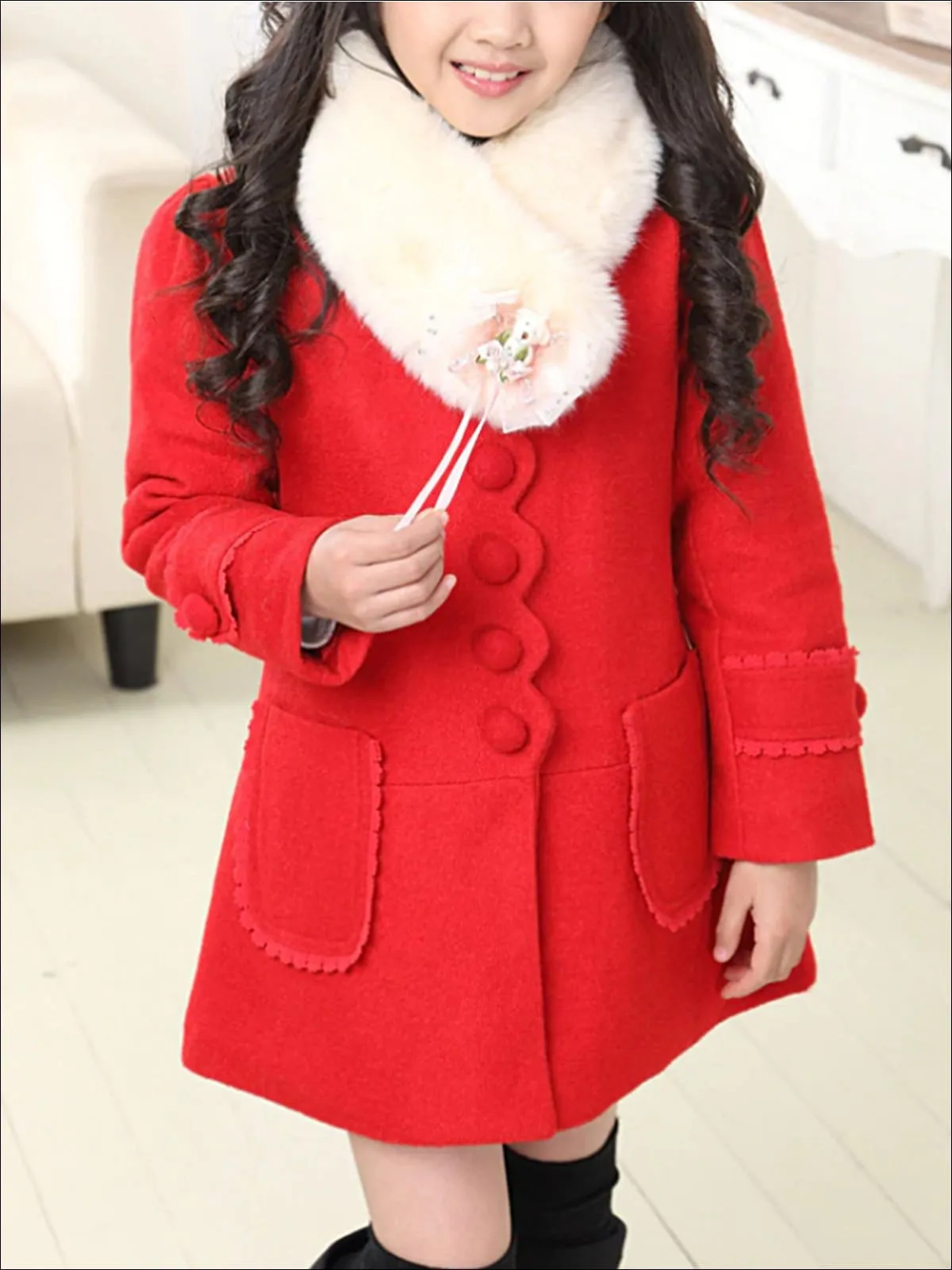 Girls Scalloped Lace Trimmed Fall Coat with Faux Fur Collar (Pink And Red)