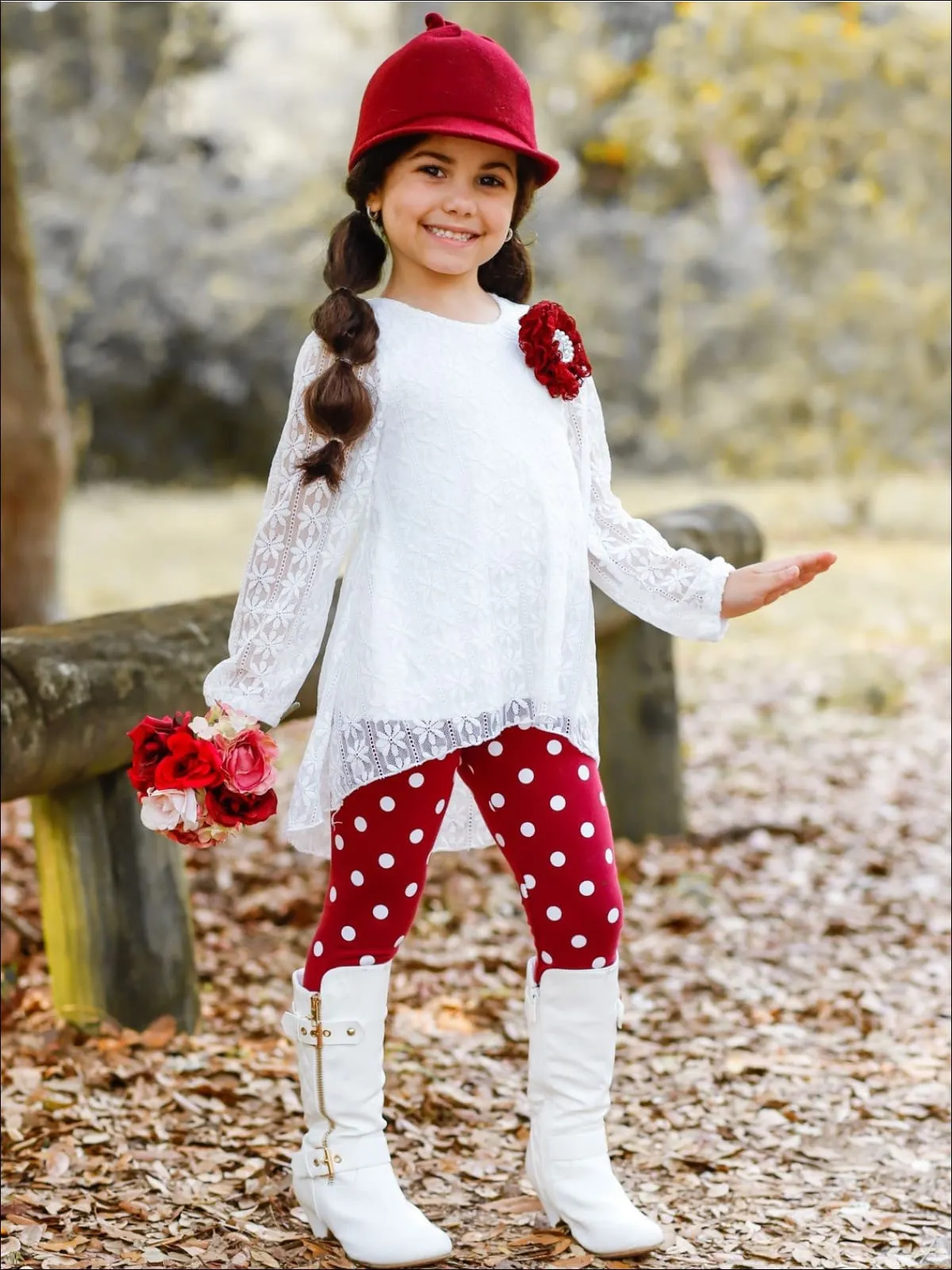 Girls White Lace Long Sleeve Hi-Lo Tunic And Polka Dot Legging Set