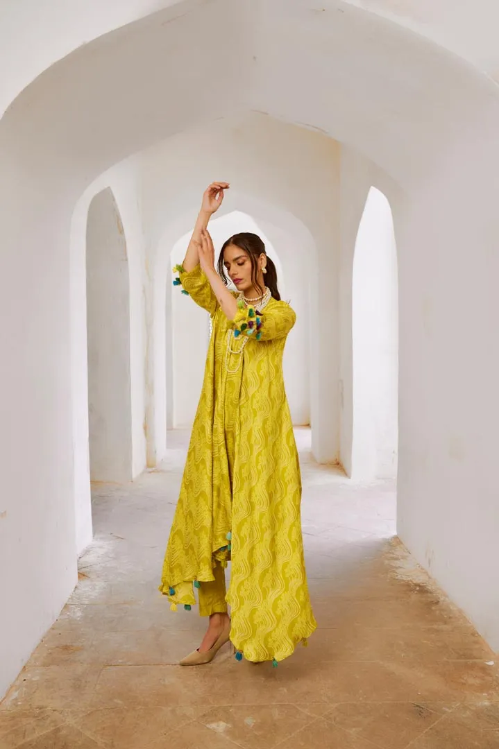 Gulbahar Lemon green tassel tunic pant set