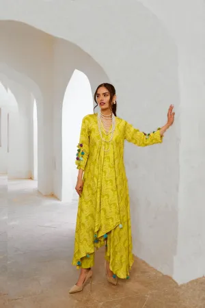 Gulbahar Lemon green tassel tunic pant set