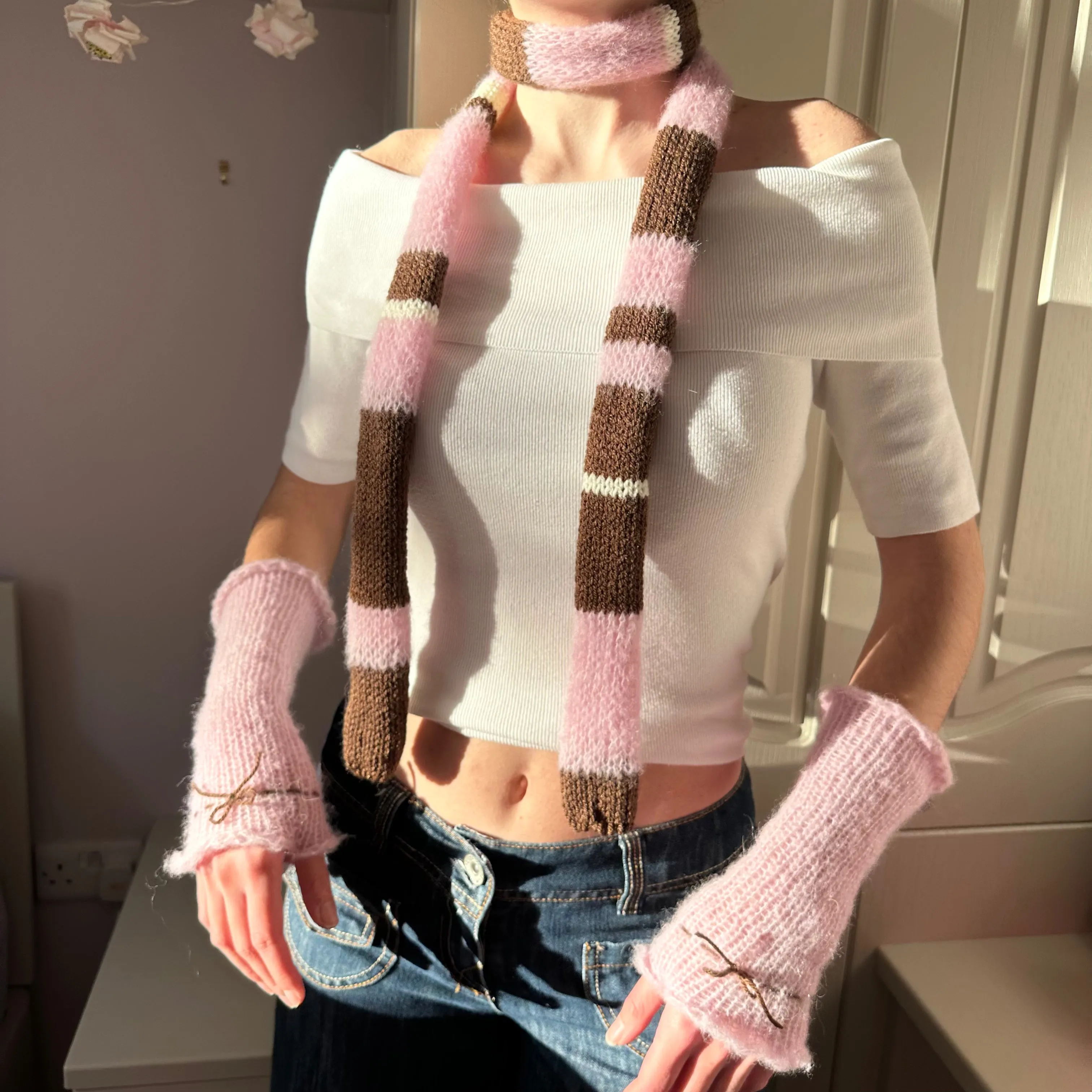 Handmade knitted brown, cream and baby pink striped skinny scarf