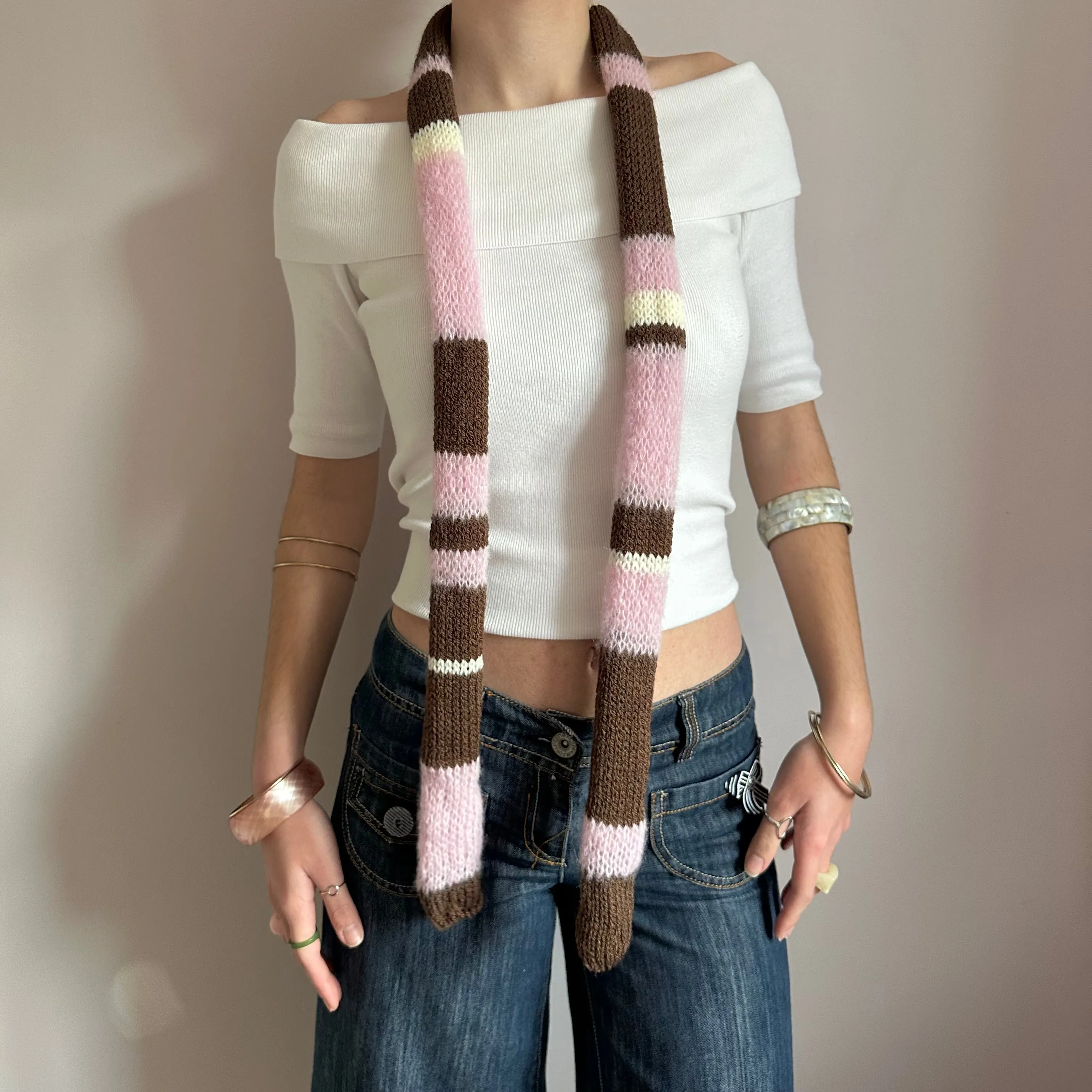 Handmade knitted brown, cream and baby pink striped skinny scarf