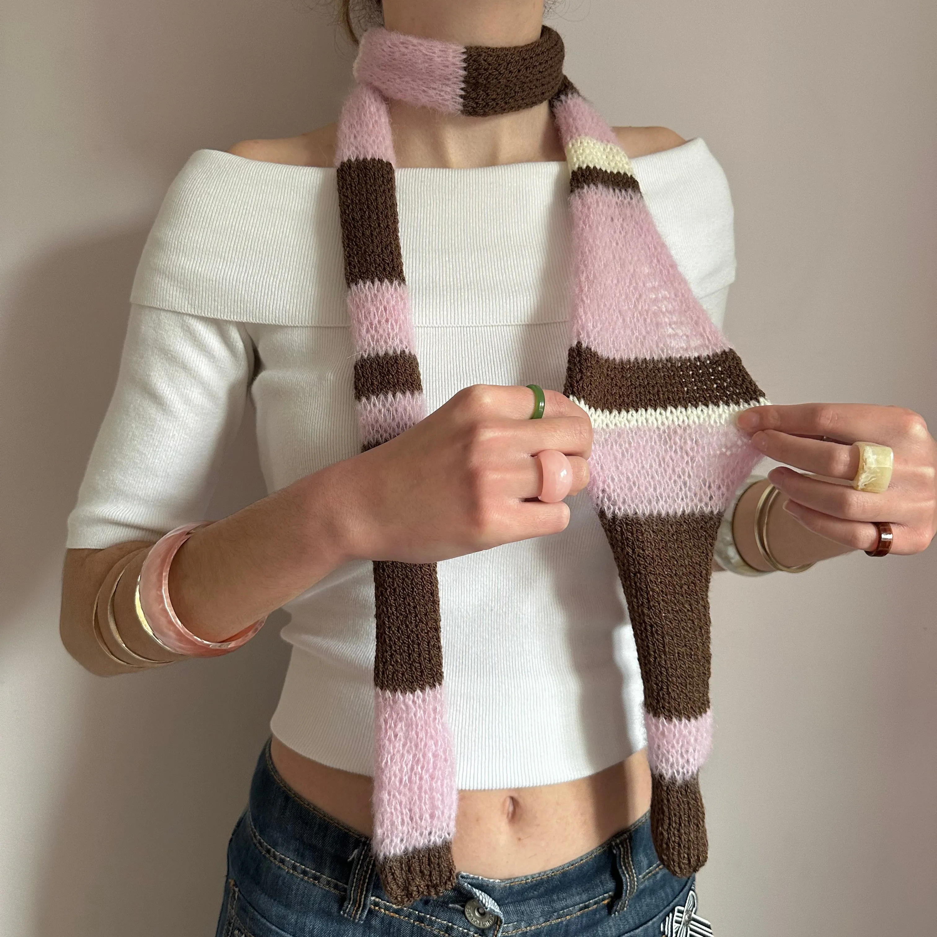 Handmade knitted brown, cream and baby pink striped skinny scarf