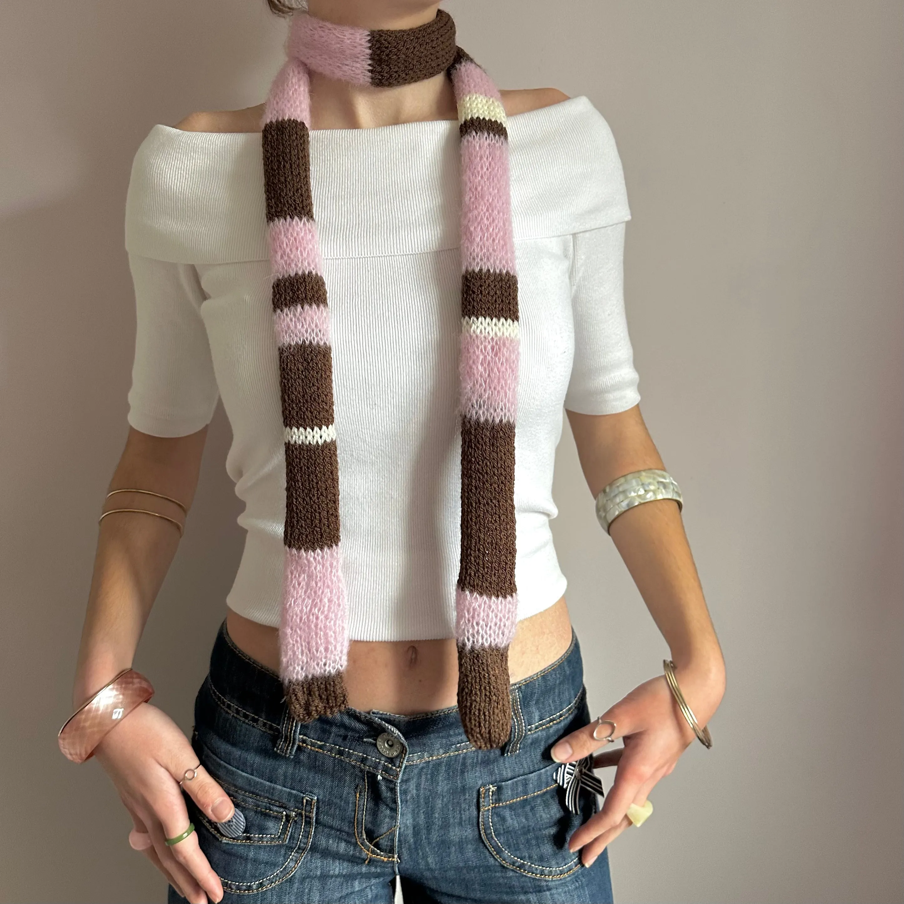 Handmade knitted brown, cream and baby pink striped skinny scarf