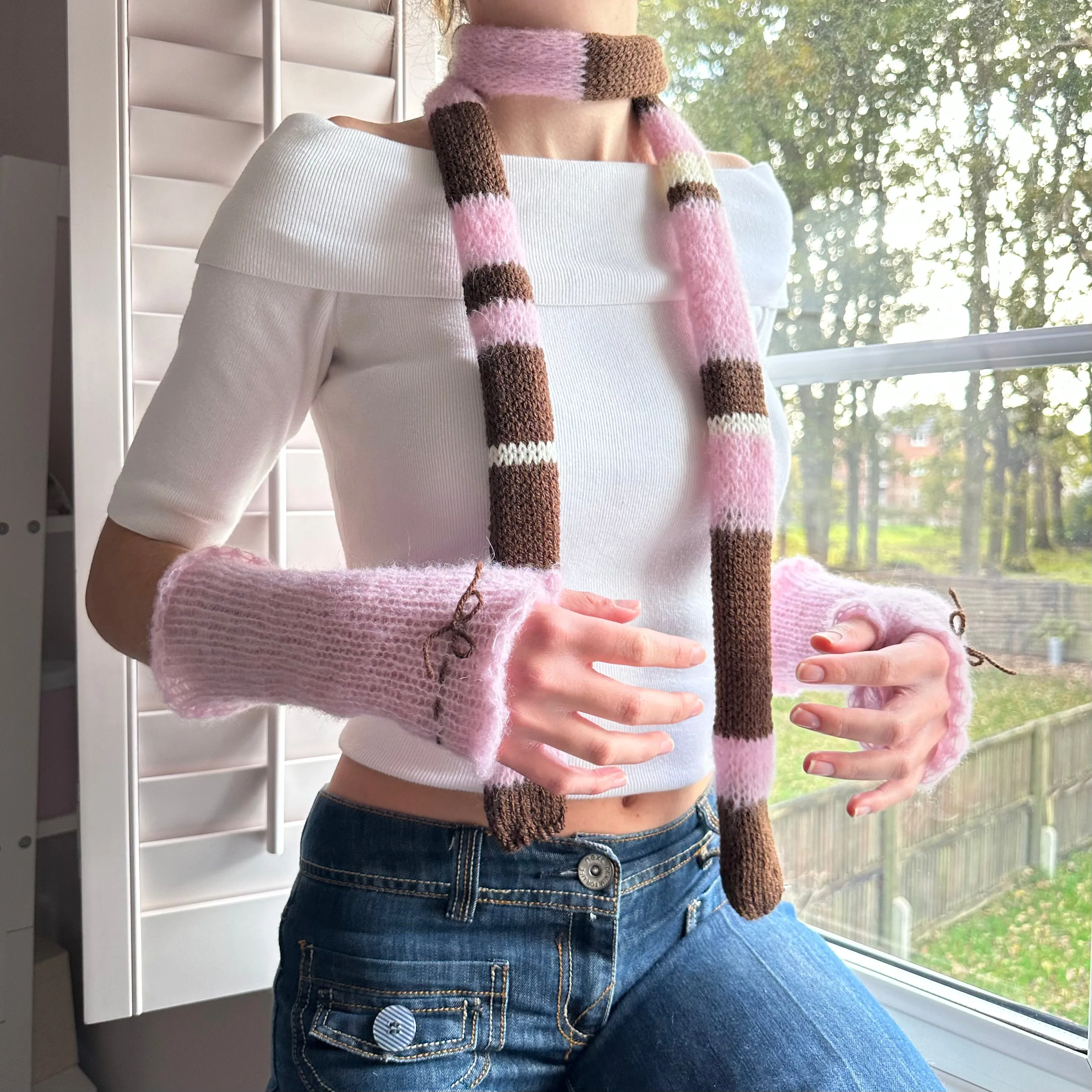 Handmade knitted brown, cream and baby pink striped skinny scarf