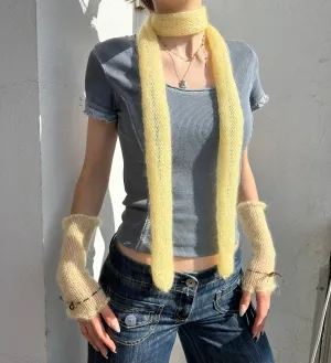 Handmade knitted mohair skinny scarf in light yellow