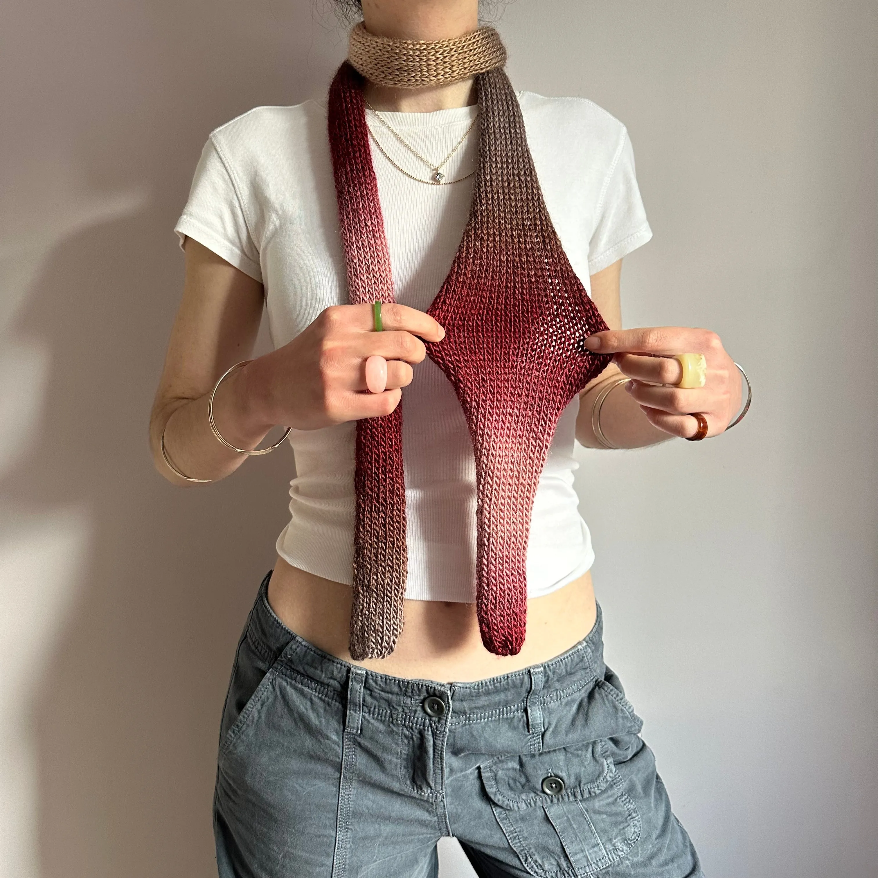 Handmade knitted ombré skinny scarf in burgundy, beige and brown