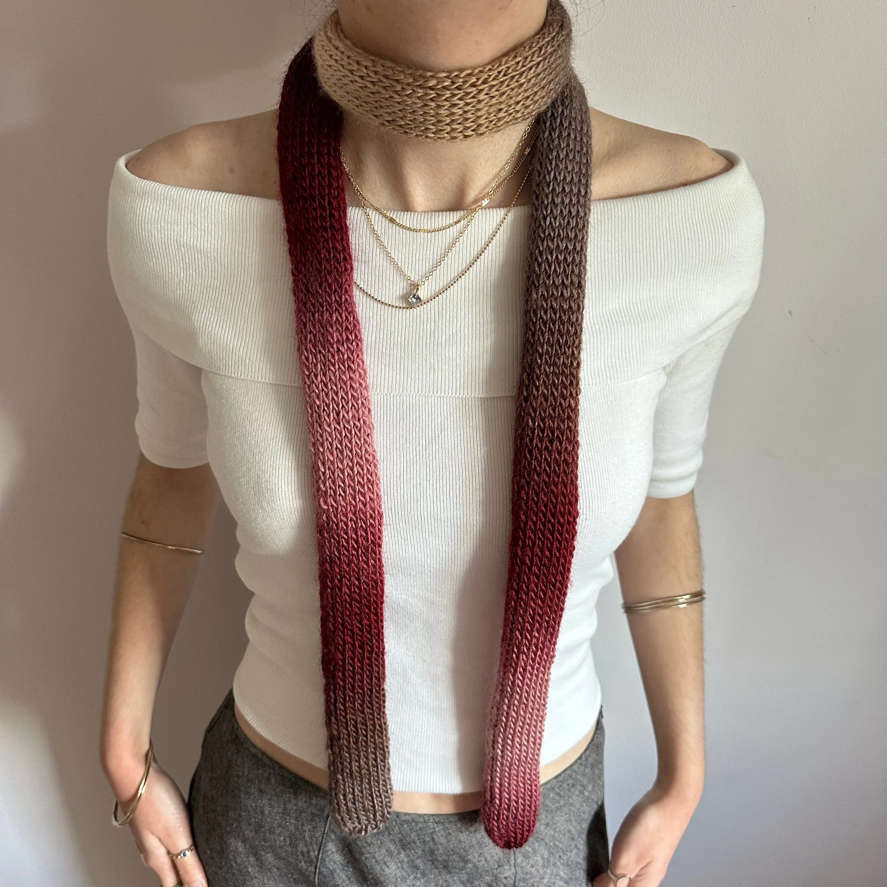 Handmade knitted ombré skinny scarf in burgundy, beige and brown