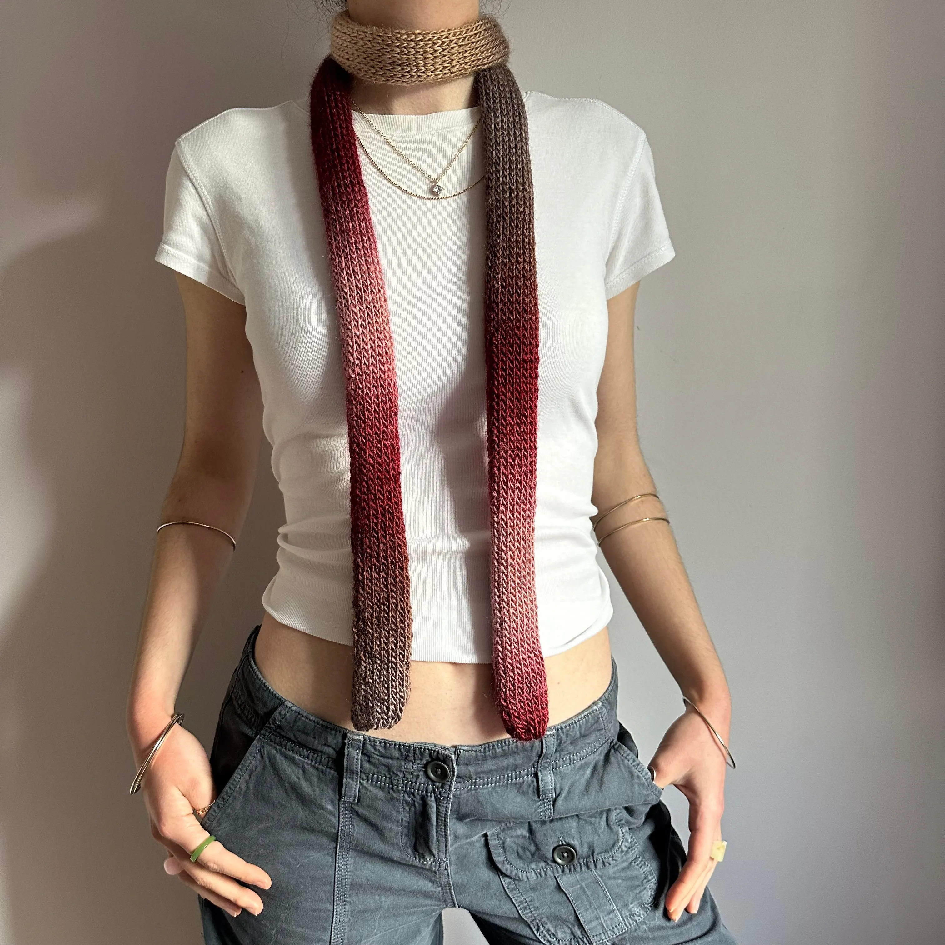 Handmade knitted ombré skinny scarf in burgundy, beige and brown