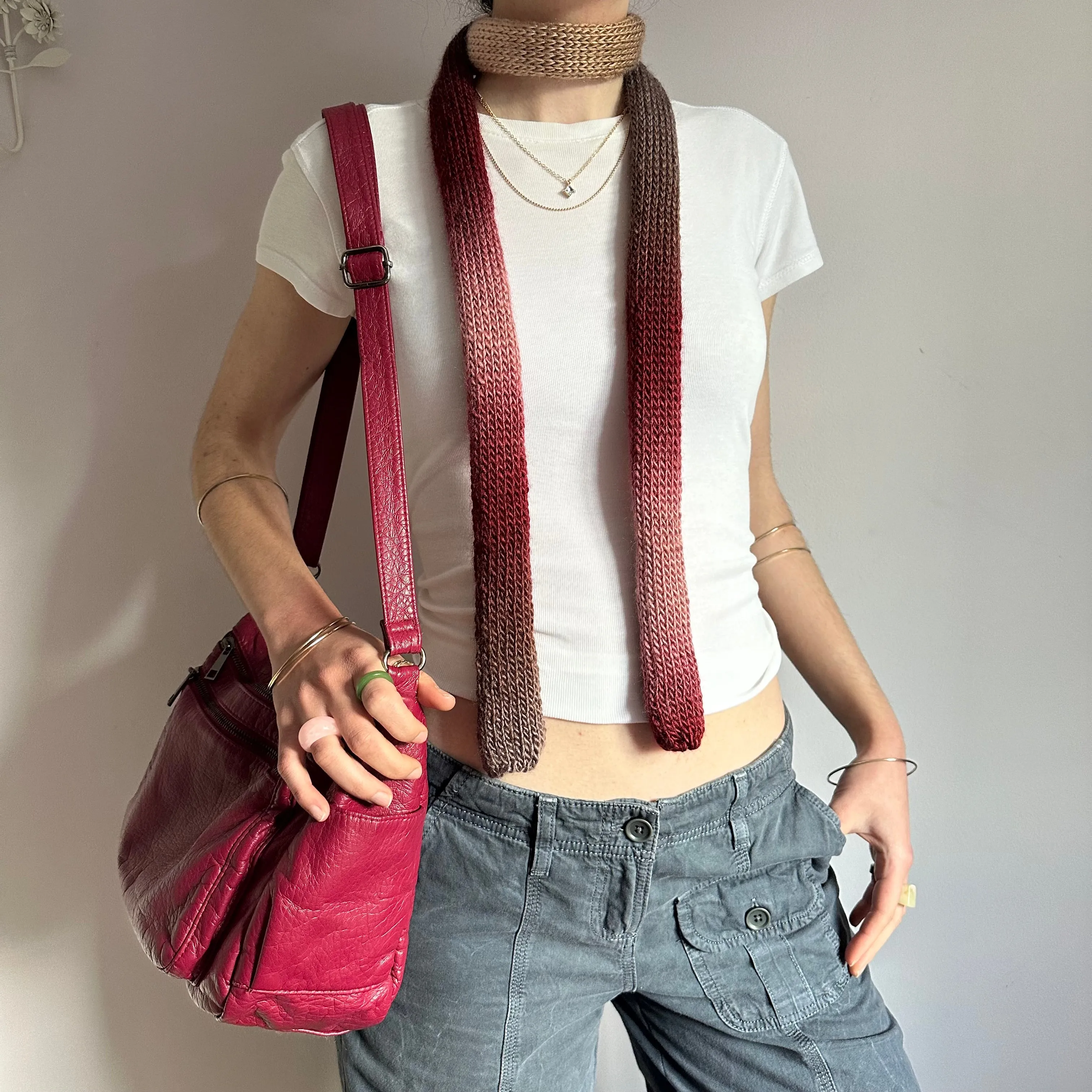 Handmade knitted ombré skinny scarf in burgundy, beige and brown