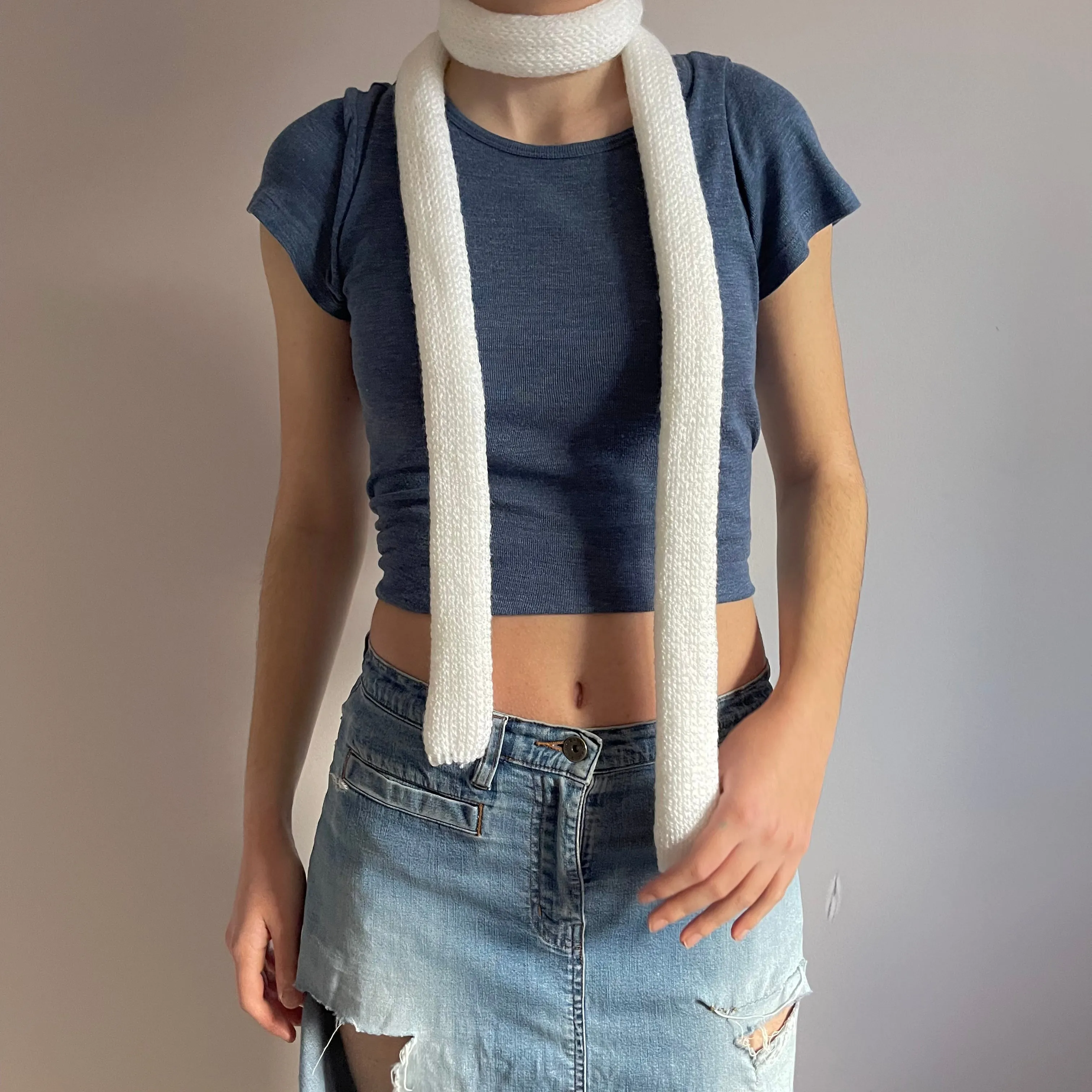 Handmade knitted skinny scarf in white