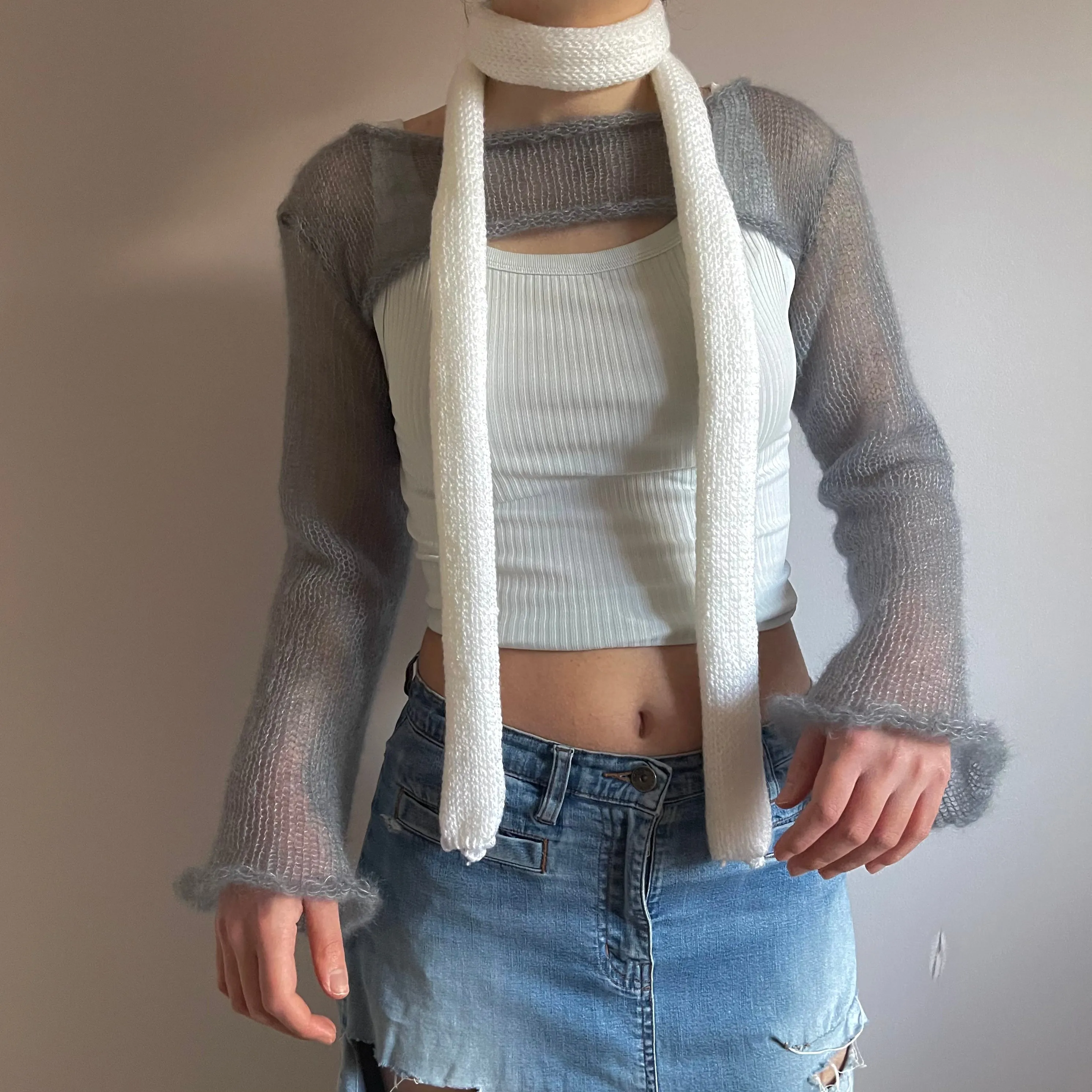 Handmade knitted skinny scarf in white