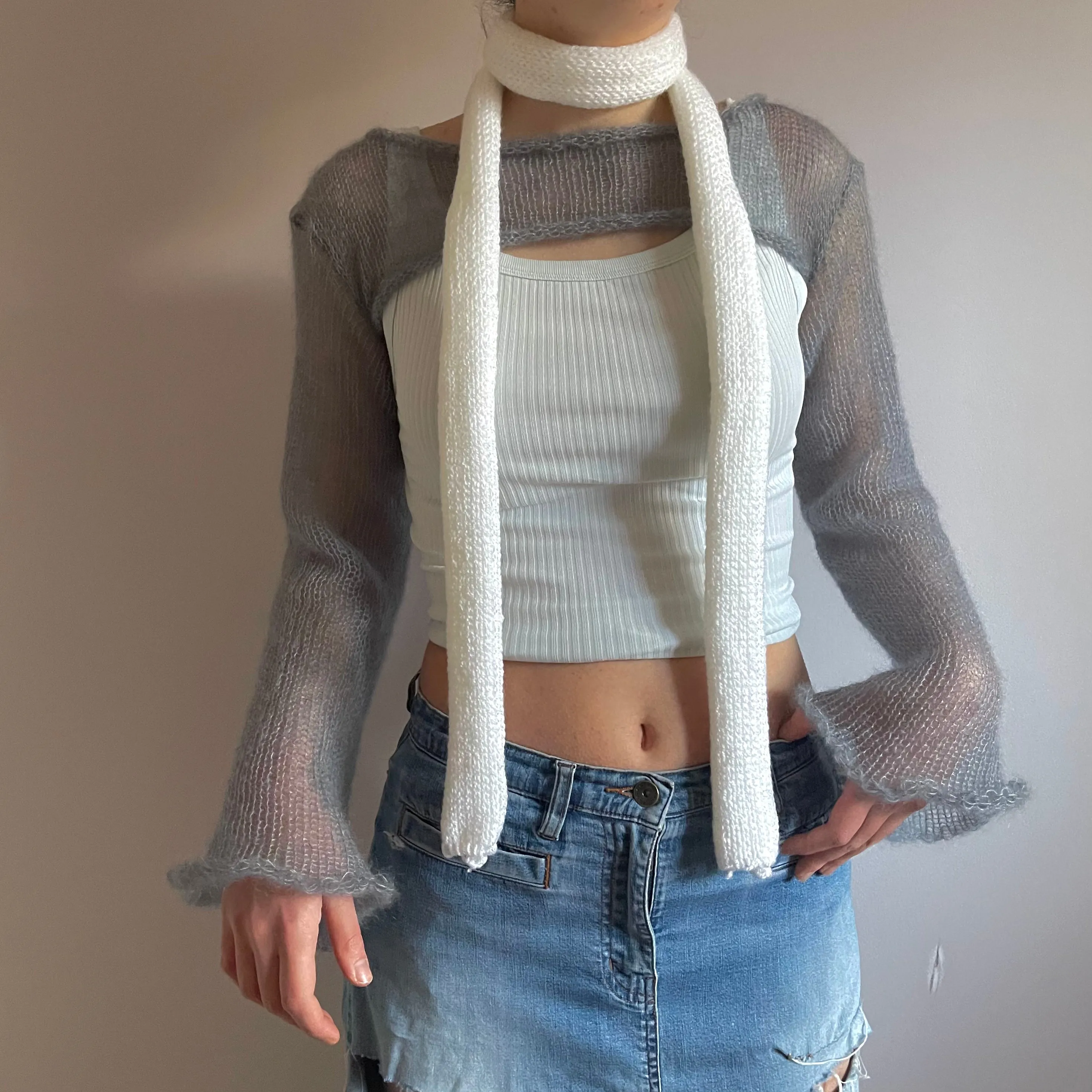 Handmade knitted skinny scarf in white