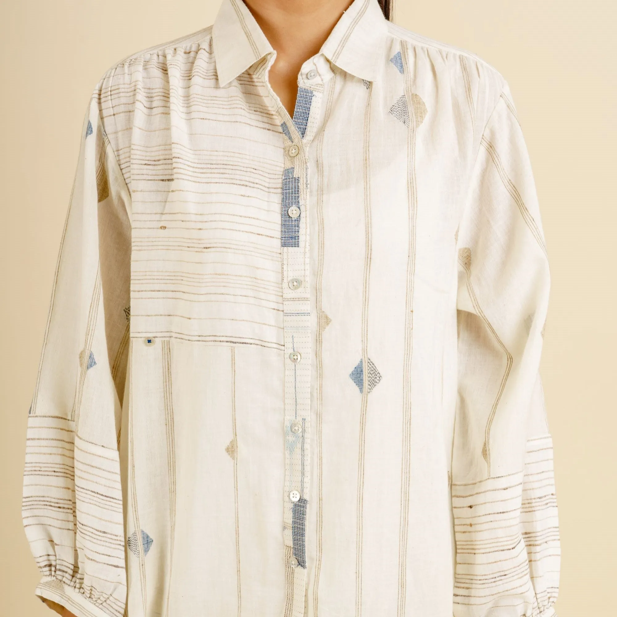 India, Karomi Crafts & Textiles, Off-White Random Diamond Patchworked Placket Shirt Dress/Tunic