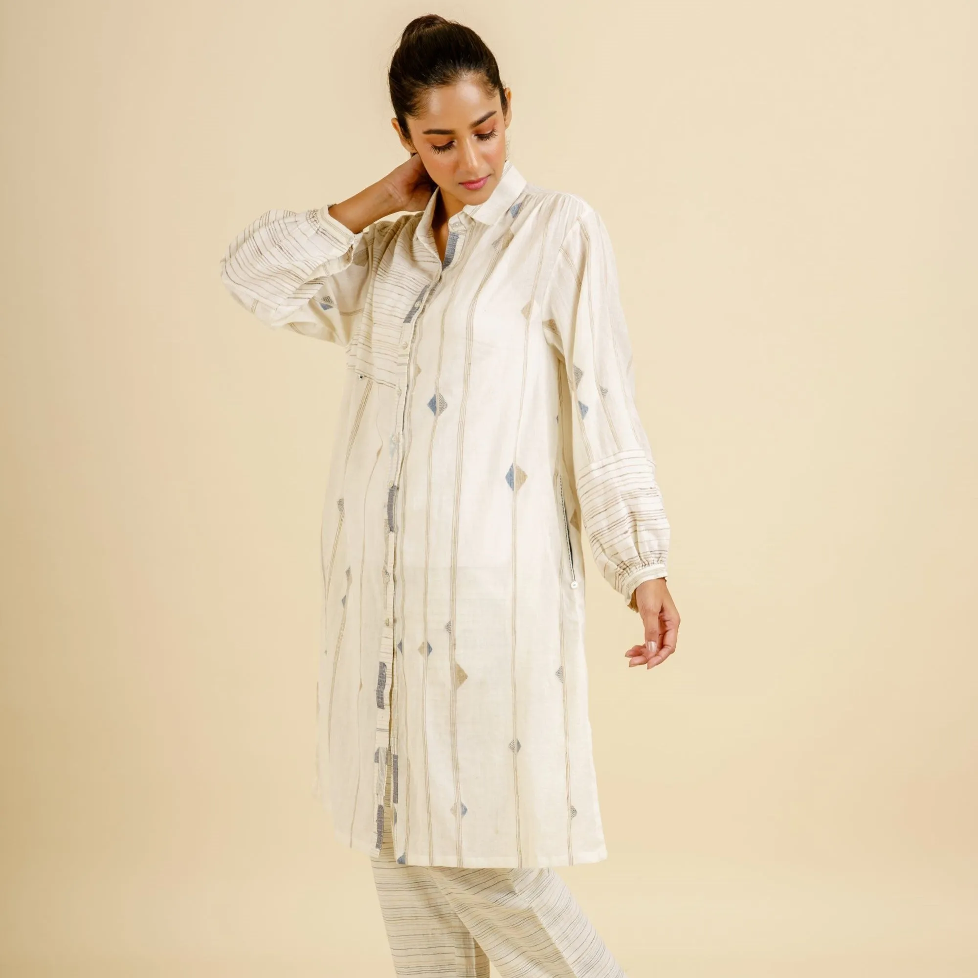 India, Karomi Crafts & Textiles, Off-White Random Diamond Patchworked Placket Shirt Dress/Tunic