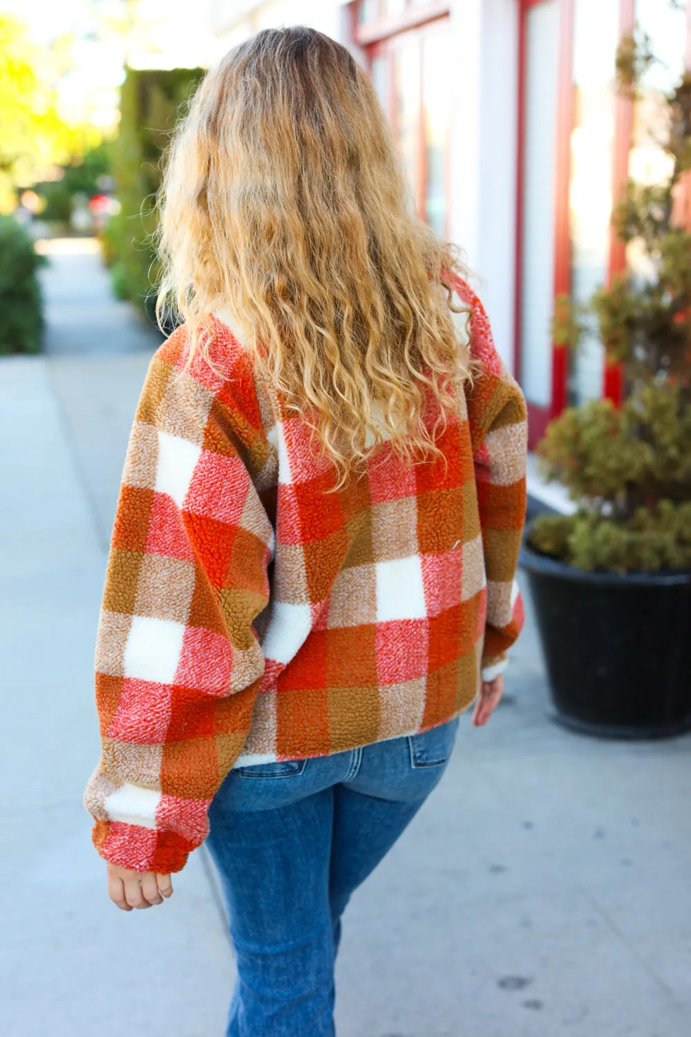 It's Your Best Rust & Camel Plaid Sherpa Button Down Jacket