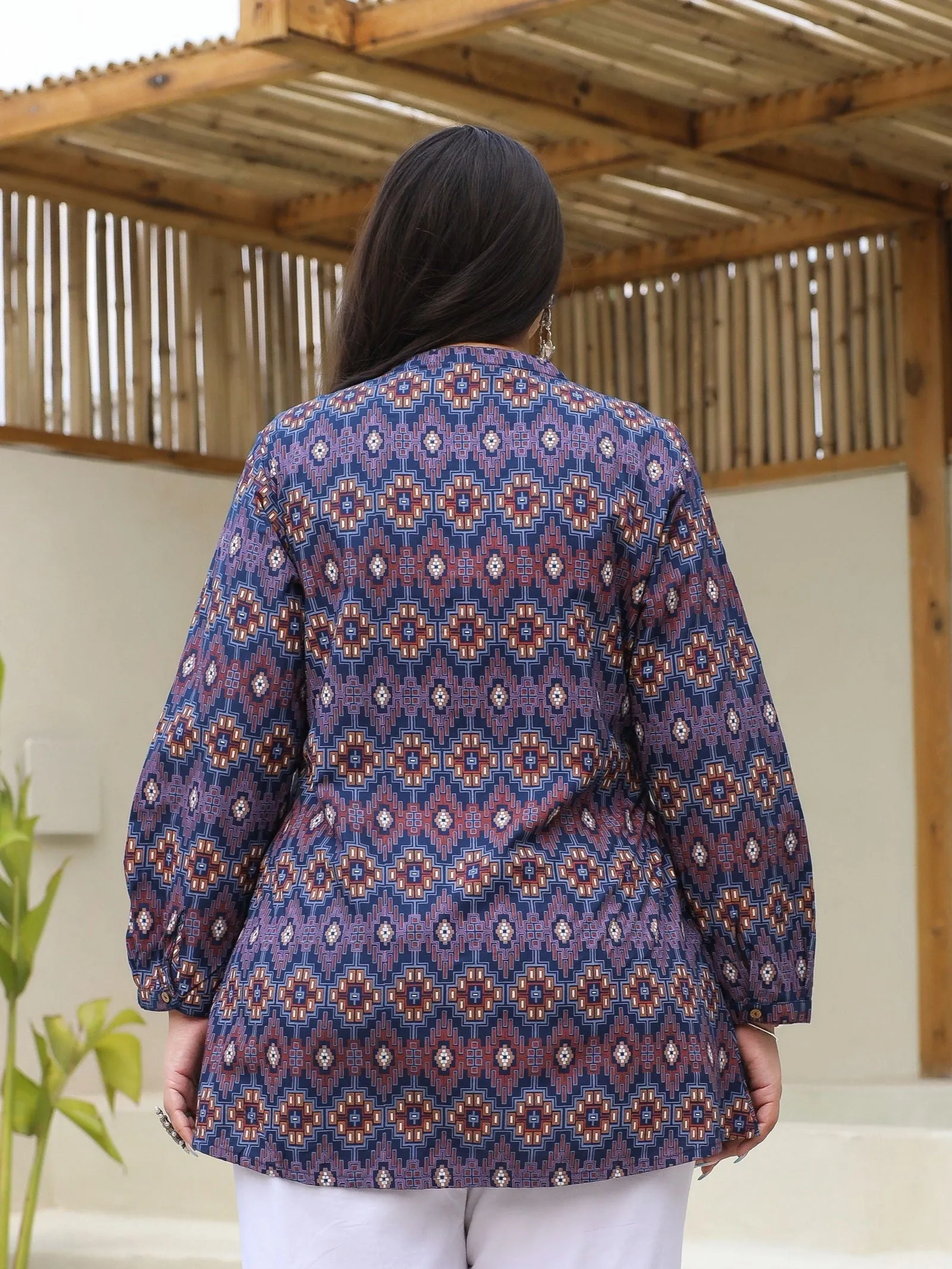 Jashvi Blue Geometric Printed A-Line Rayon Plus Size Tunic