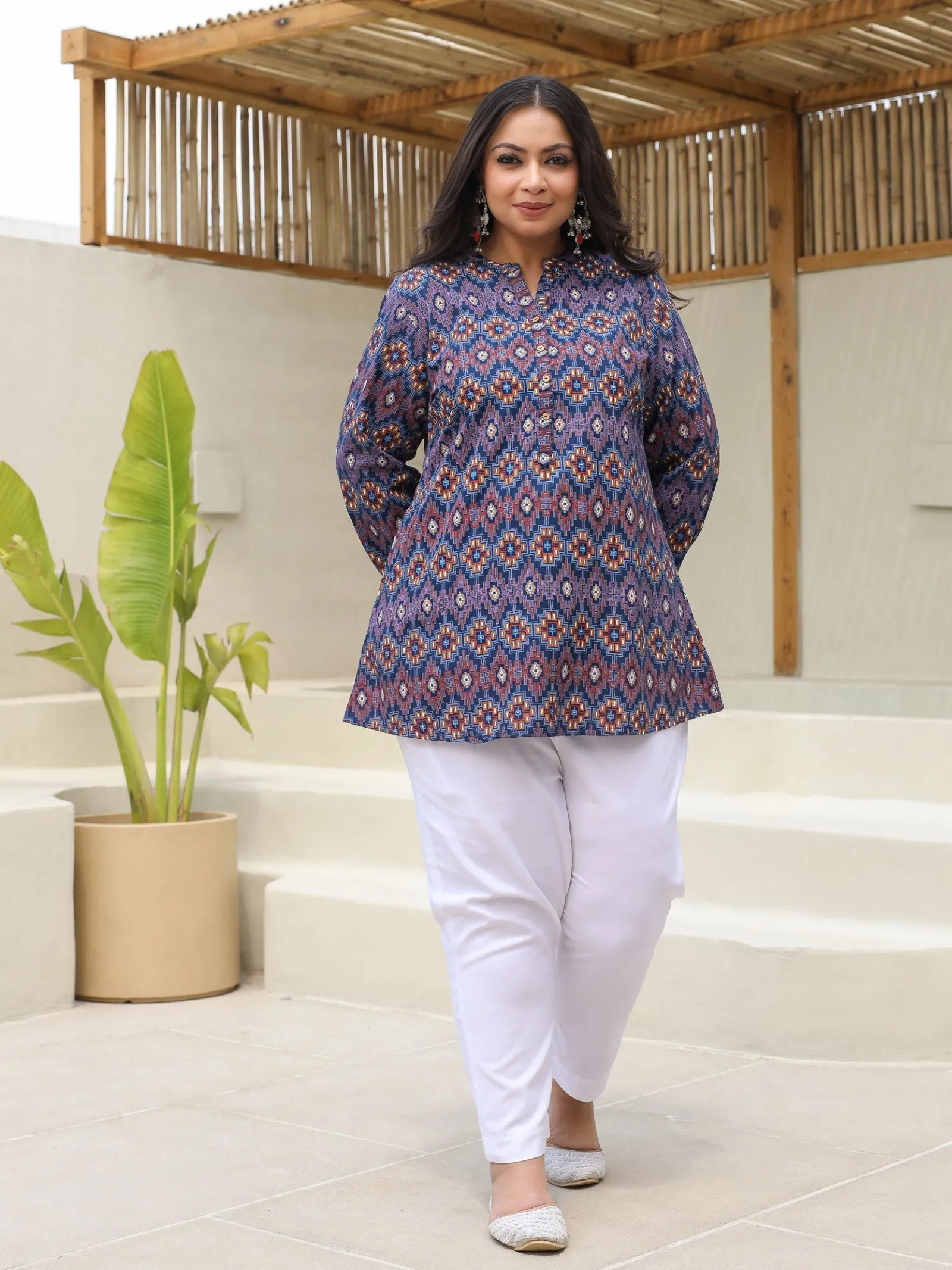 Jashvi Blue Geometric Printed A-Line Rayon Plus Size Tunic