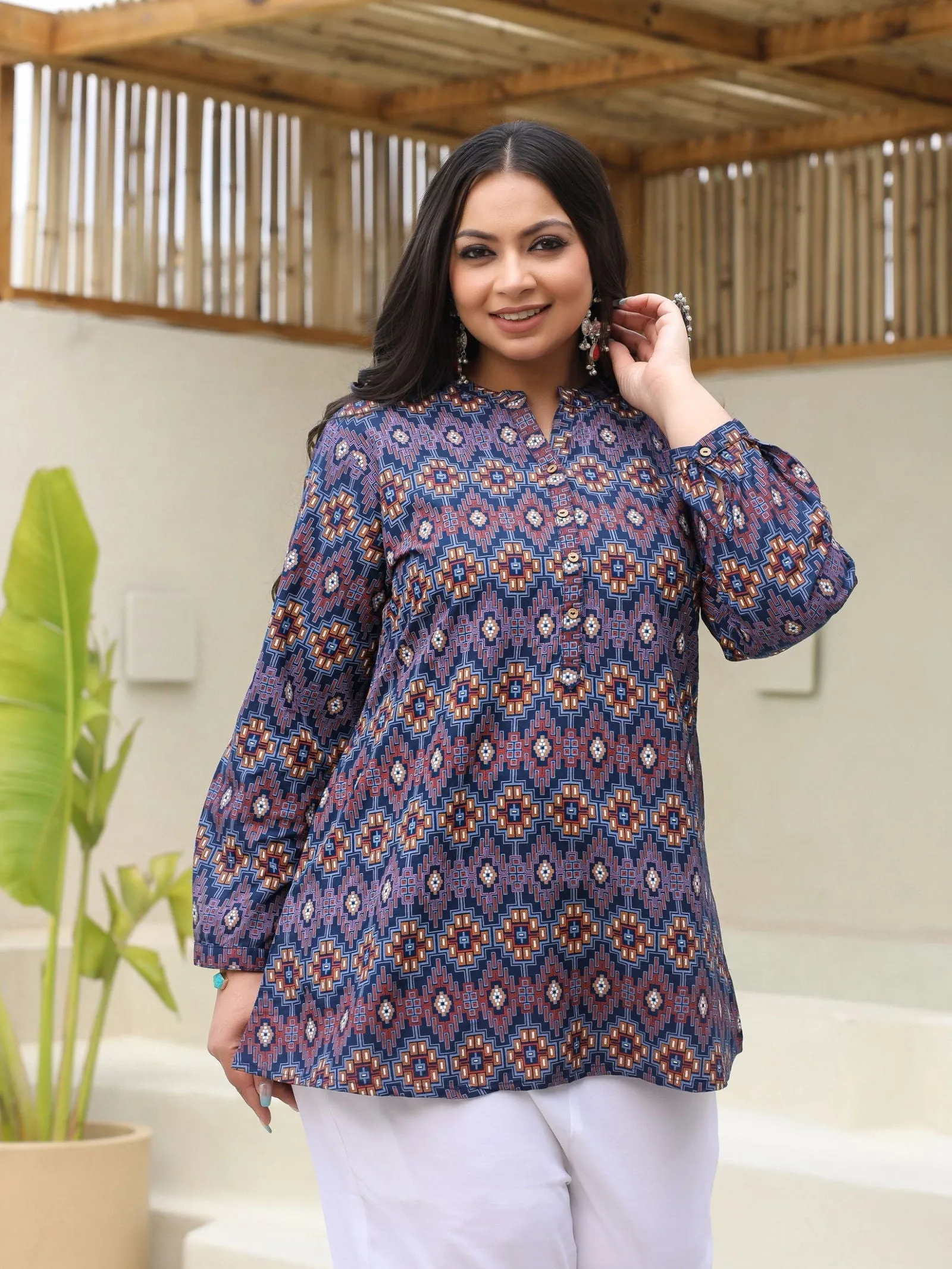 Jashvi Blue Geometric Printed A-Line Rayon Plus Size Tunic