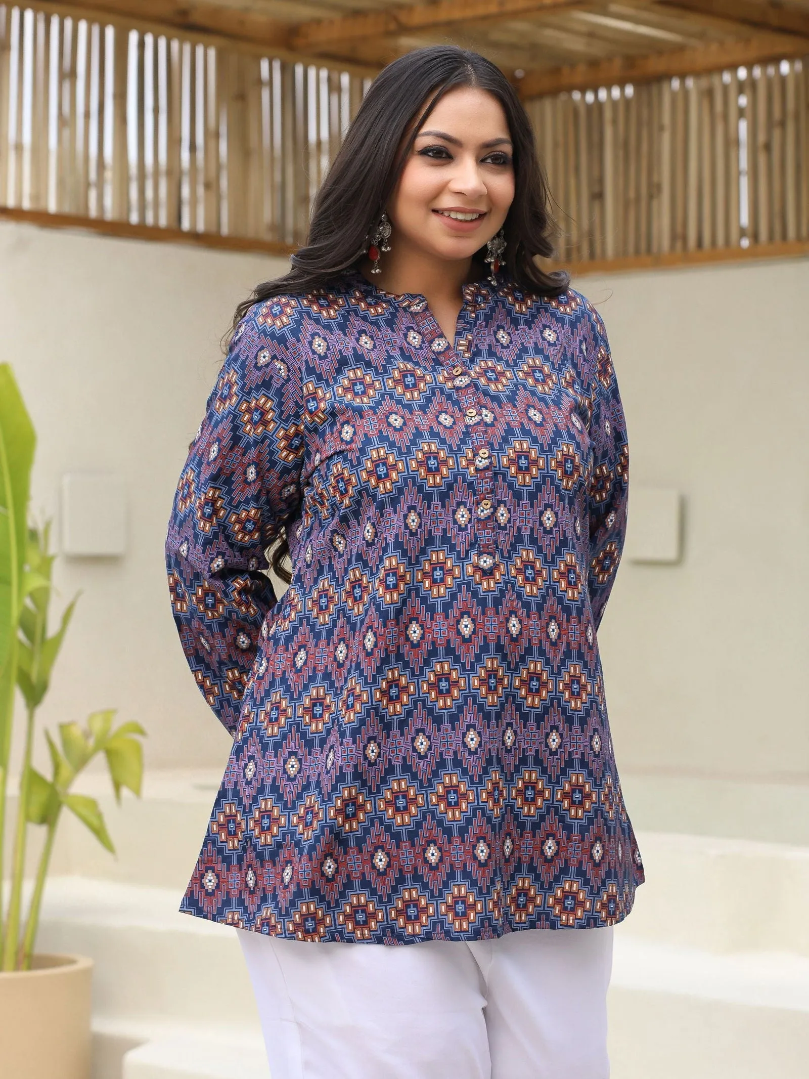 Jashvi Blue Geometric Printed A-Line Rayon Plus Size Tunic