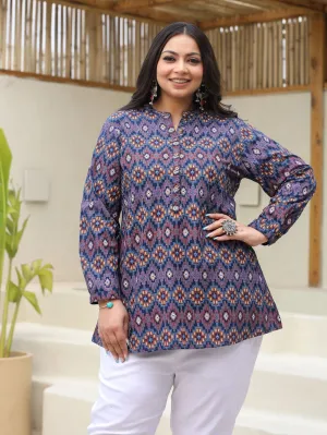 Jashvi Blue Geometric Printed A-Line Rayon Plus Size Tunic