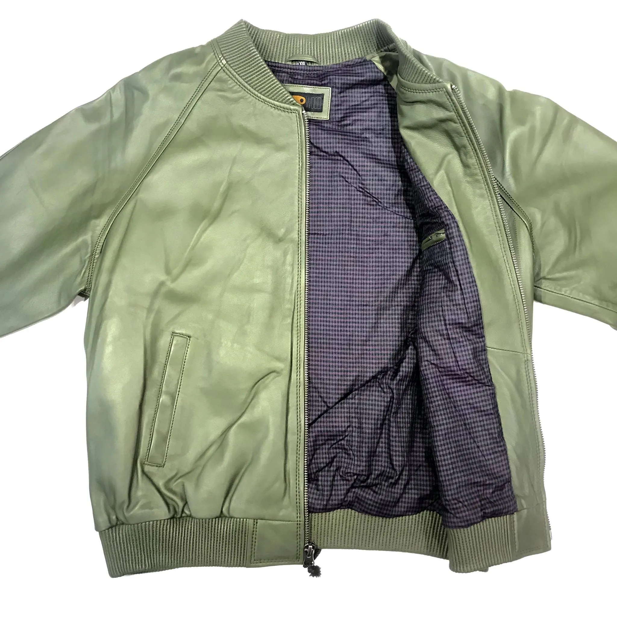 Kashani Olive Green Naked Lambskin Bomber Jacket