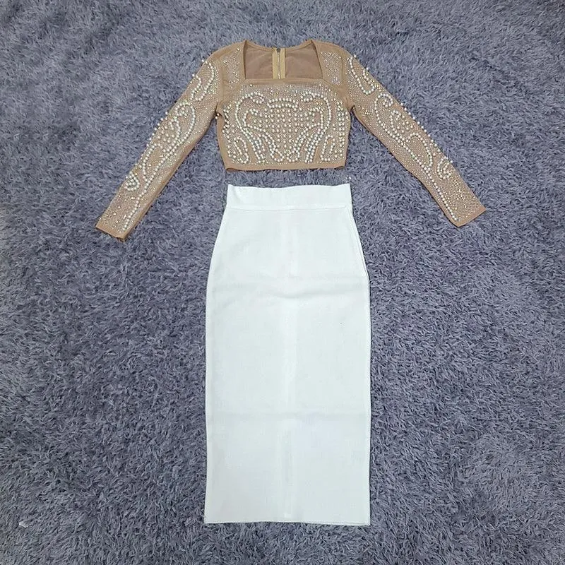 KittenAlarm - Kira Beaded Long Sleeve Crop Top & Skirt Set