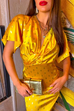 Knot Your Average - Mustard Gold Foil Midi Dress