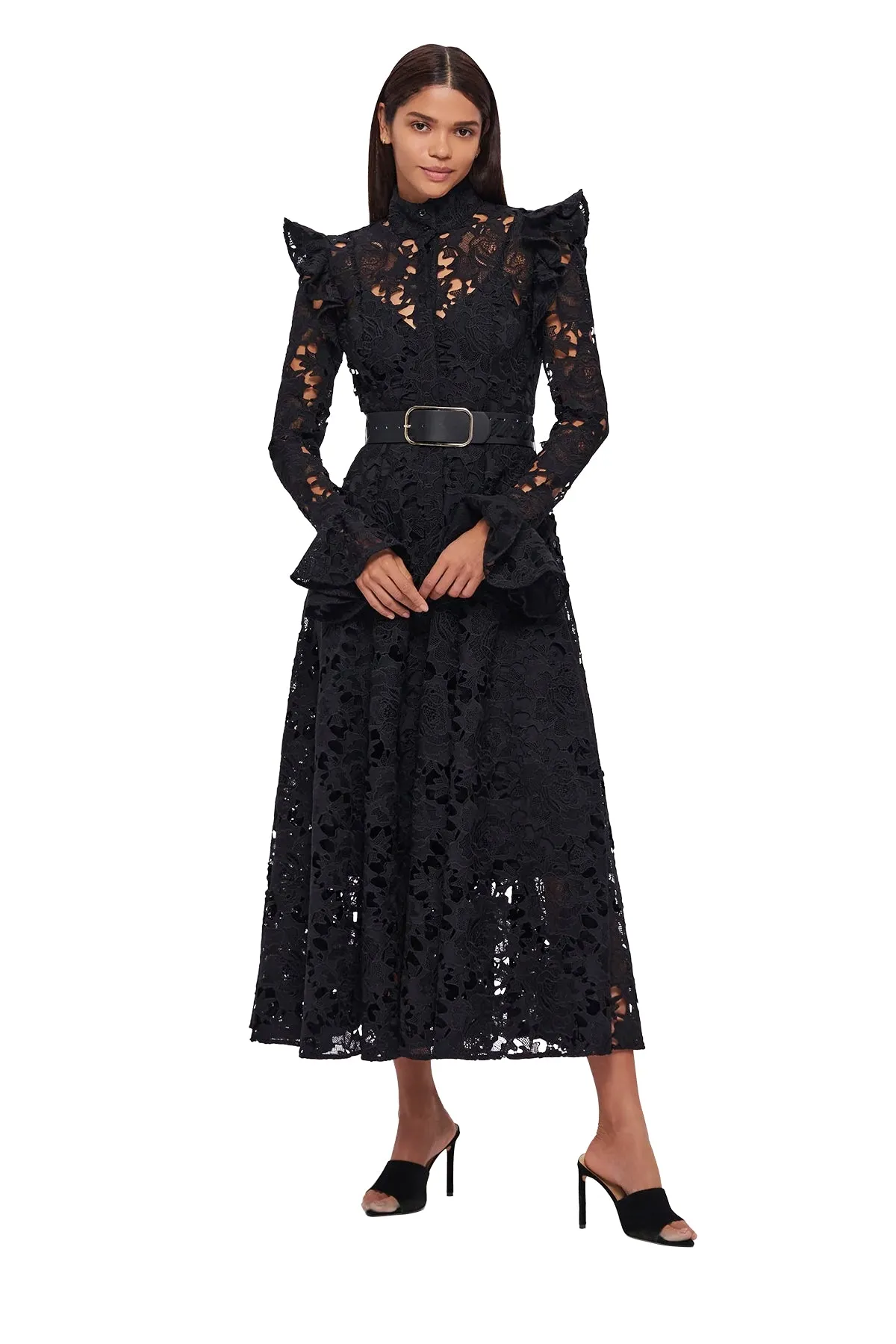 Leo Lin Aliyah Lace Butterfly Sleeve Midi Dress - Ebony