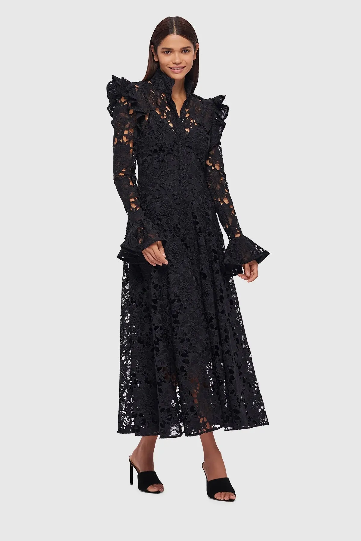 Leo Lin Aliyah Lace Butterfly Sleeve Midi Dress - Ebony