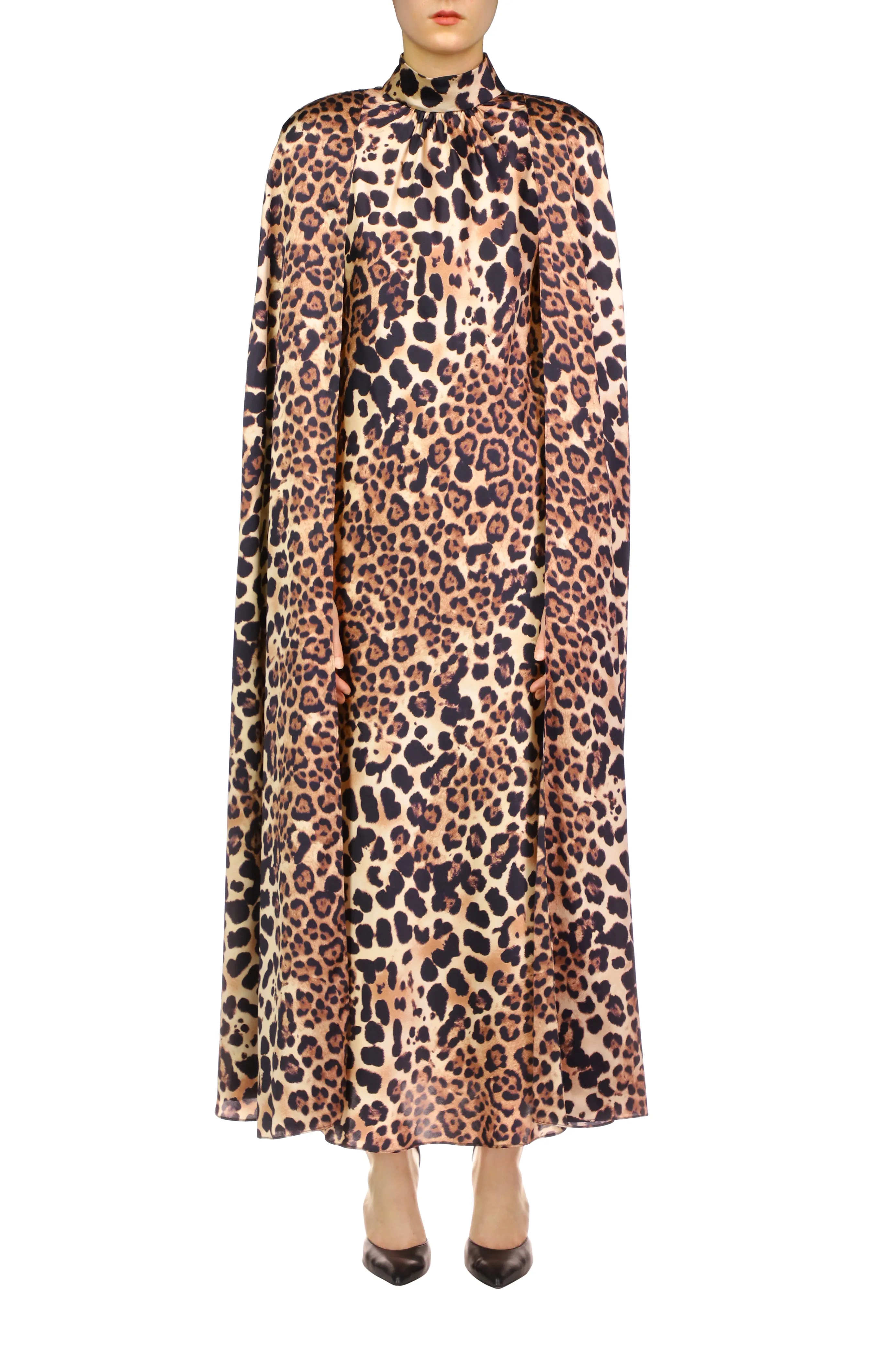 Leopard Printed Silk Satin Cape Dress